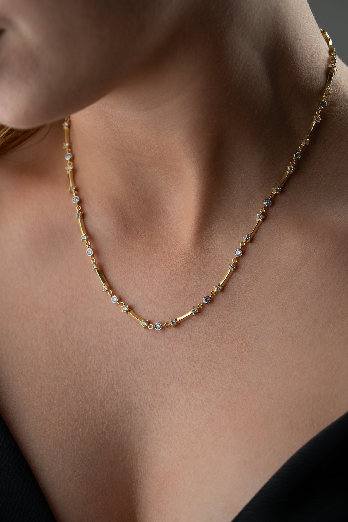 Gold Bar and Stone Station Necklace
