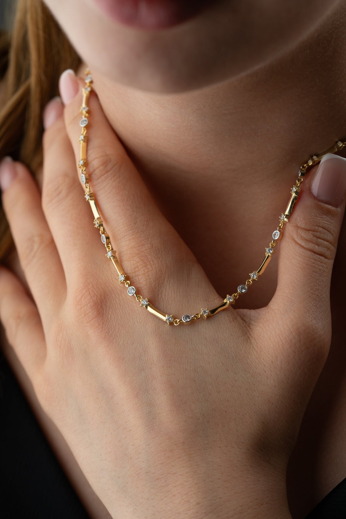Gold Bar and Stone Station Necklace