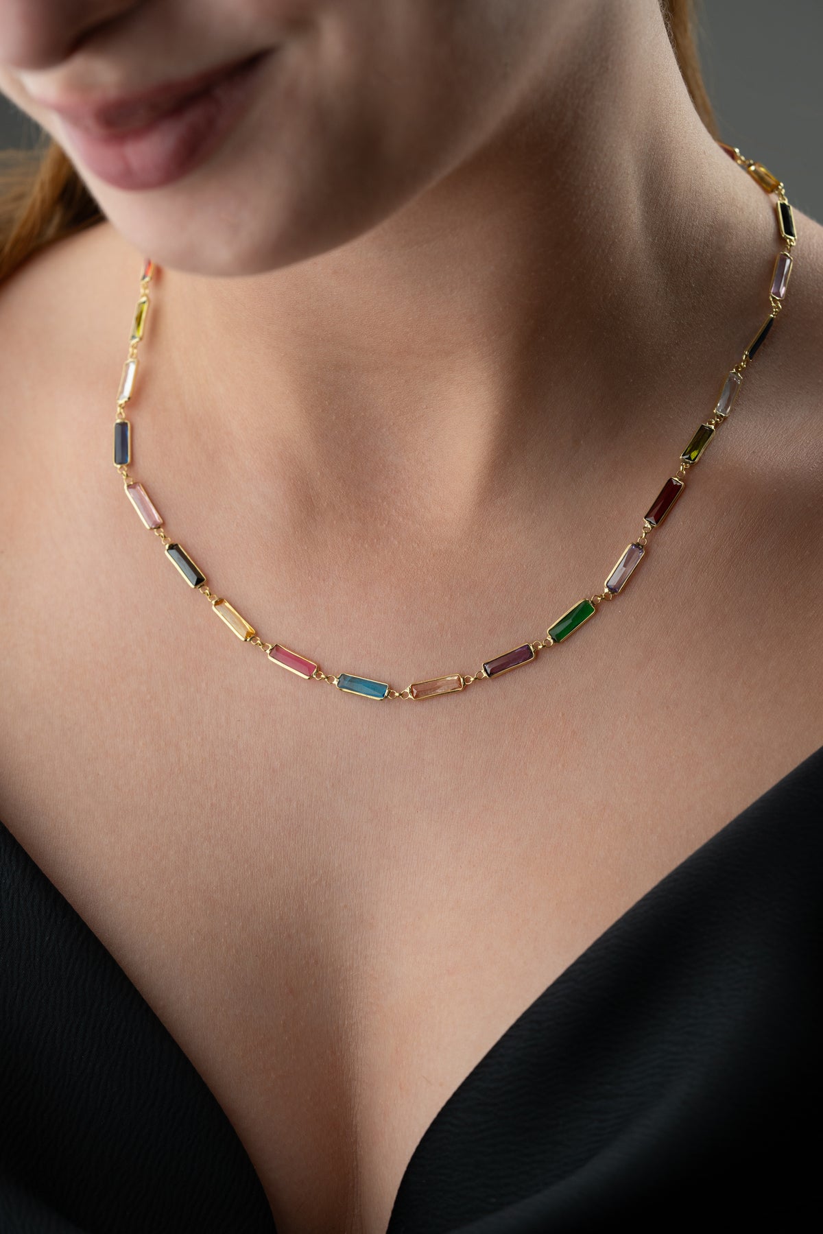 Rainbow Baguette Station Necklace in Gold