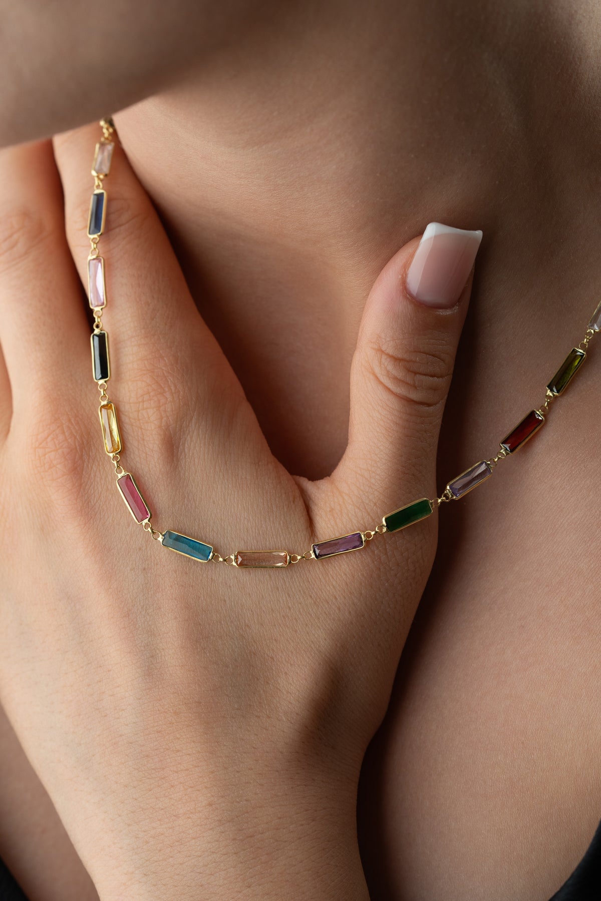 Rainbow Baguette Station Necklace in Gold