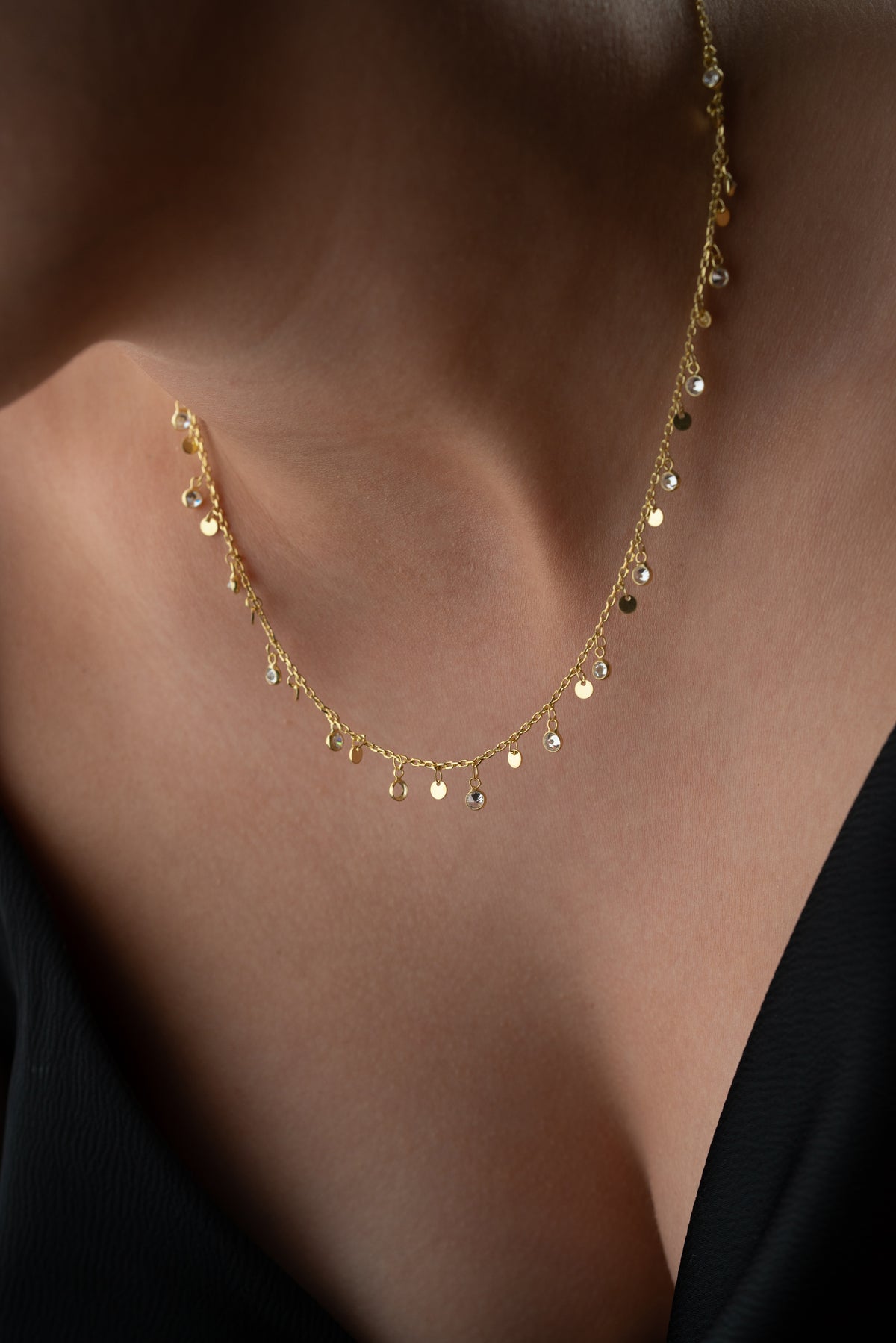 Dangling Crystal Disc Charm Necklace
