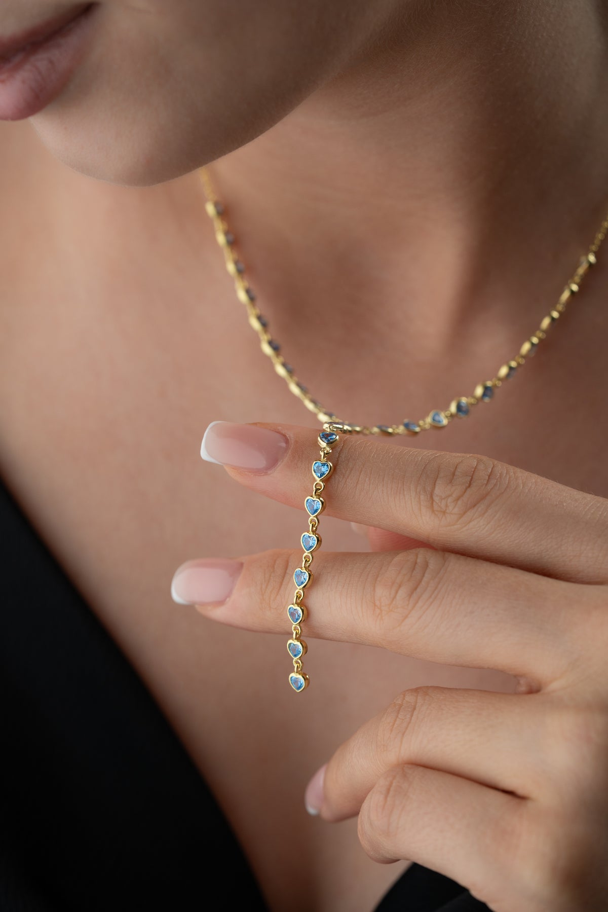 Blue Heart Crystal Lariat Necklace in Gold