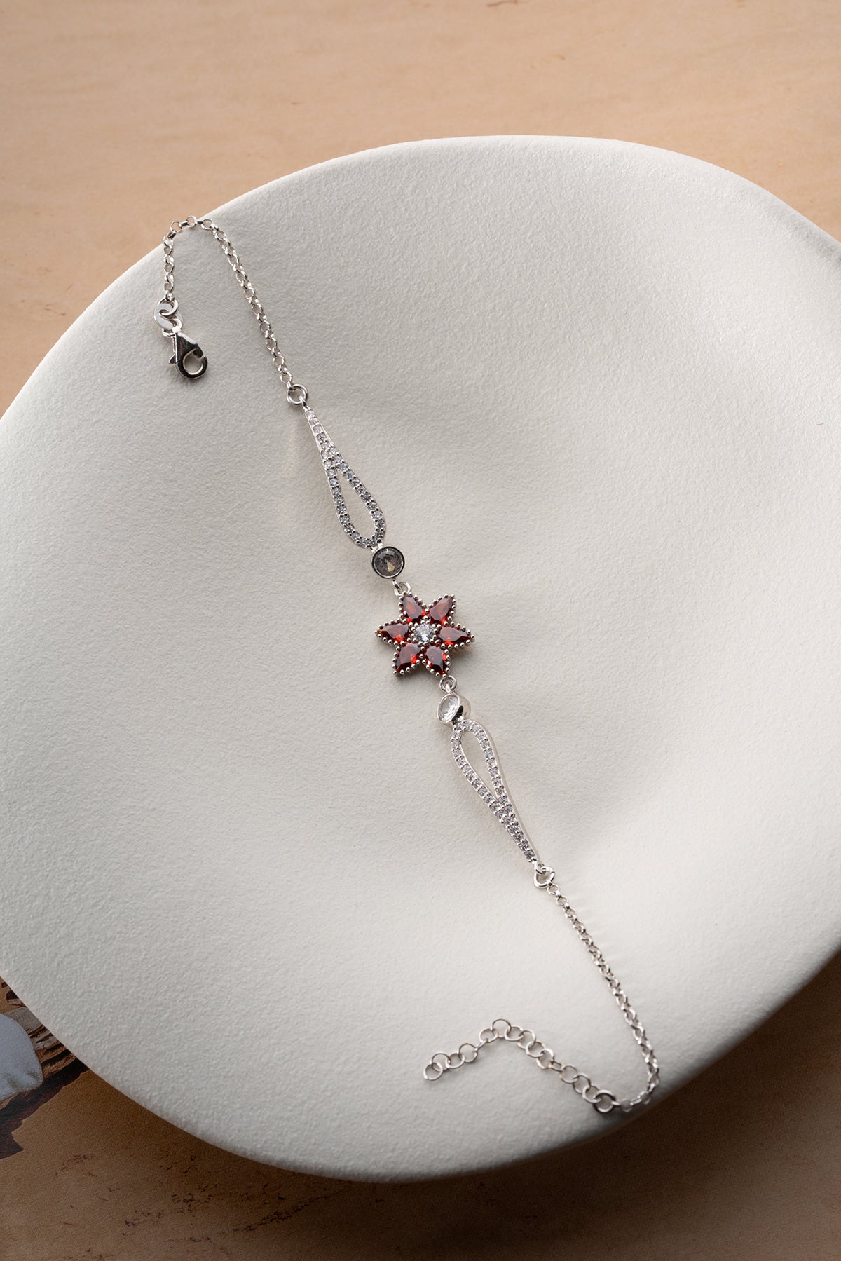 Red Crystal Flower Bracelet in Silver
