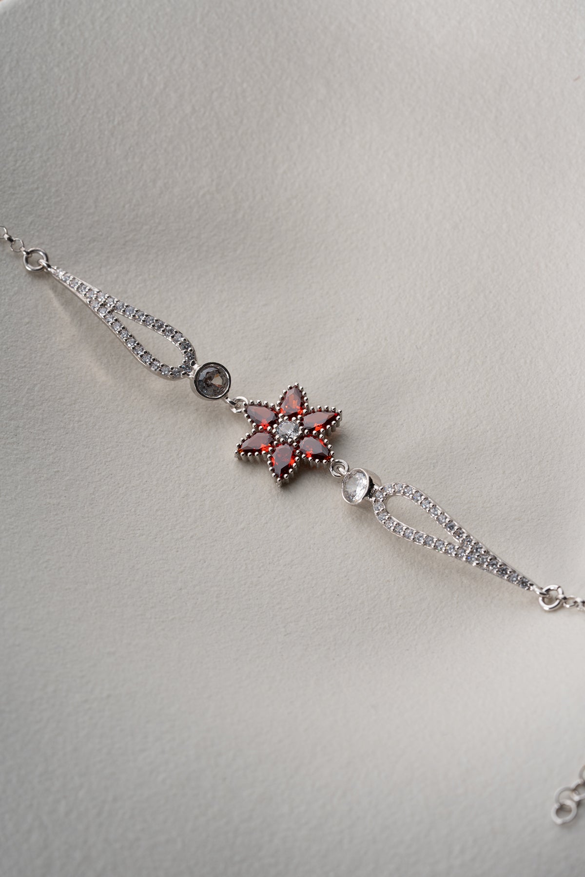Red Crystal Flower Bracelet in Silver