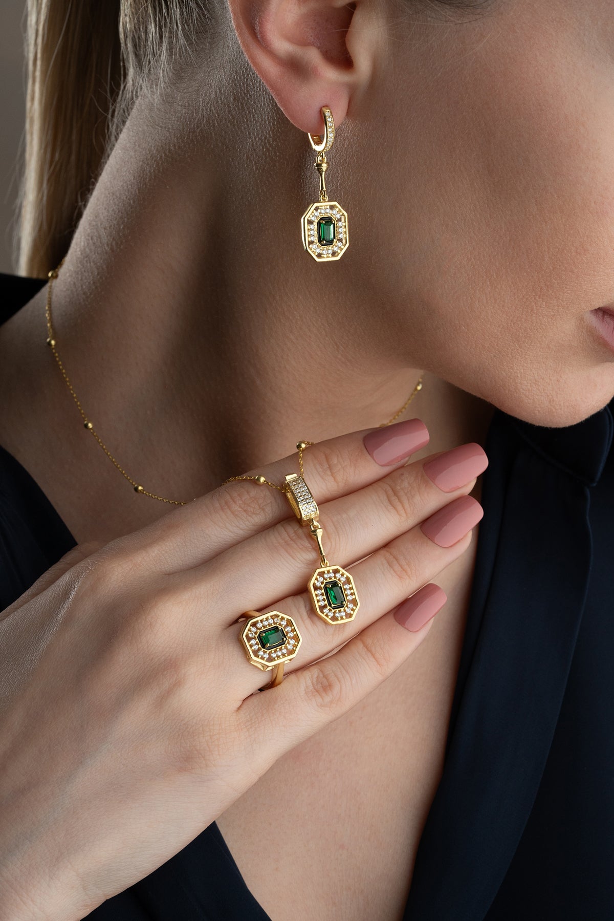 Emerald Halo Octagon Jewelry Set