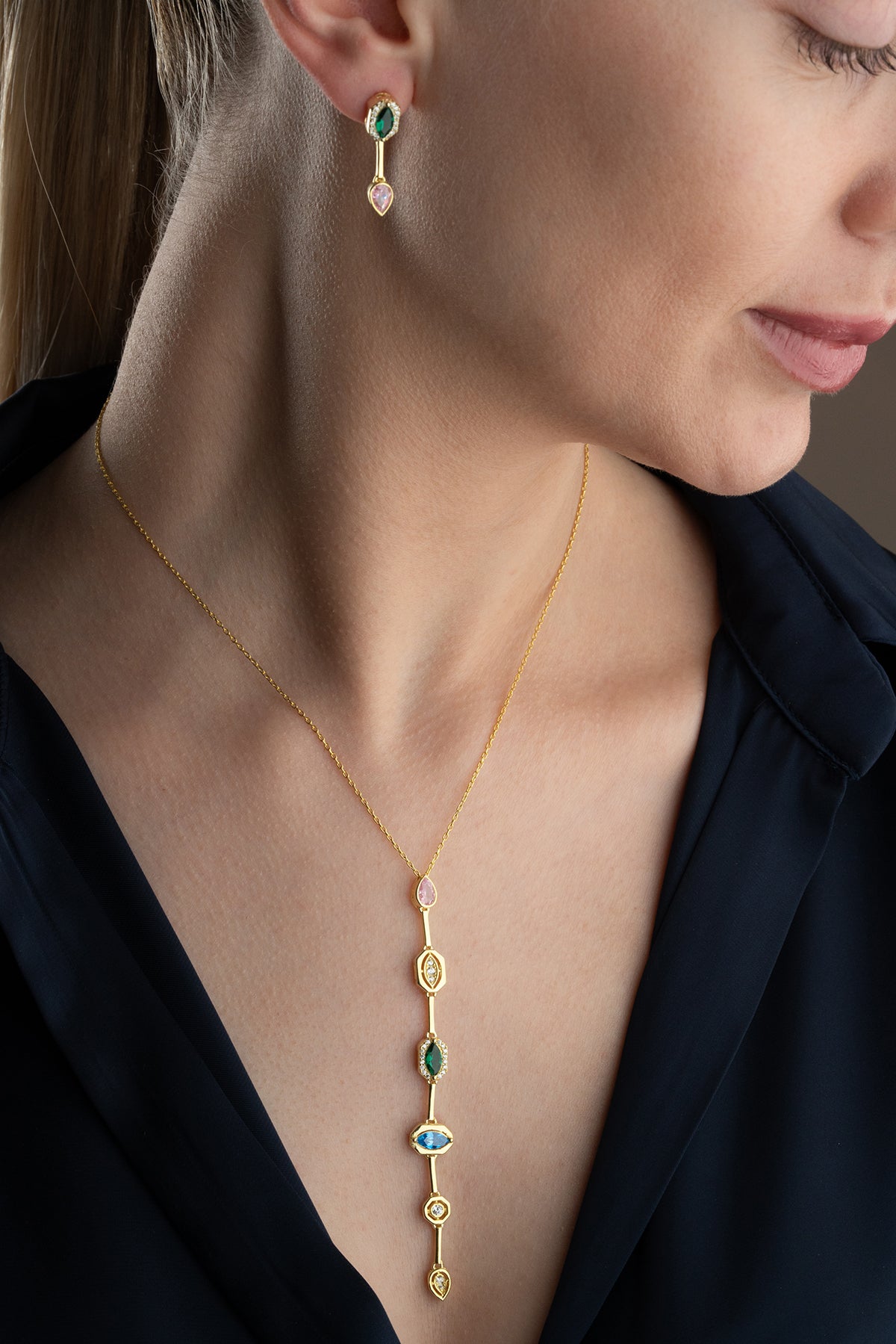 Multicolor Gemstone Drop Necklace and Earring Set
