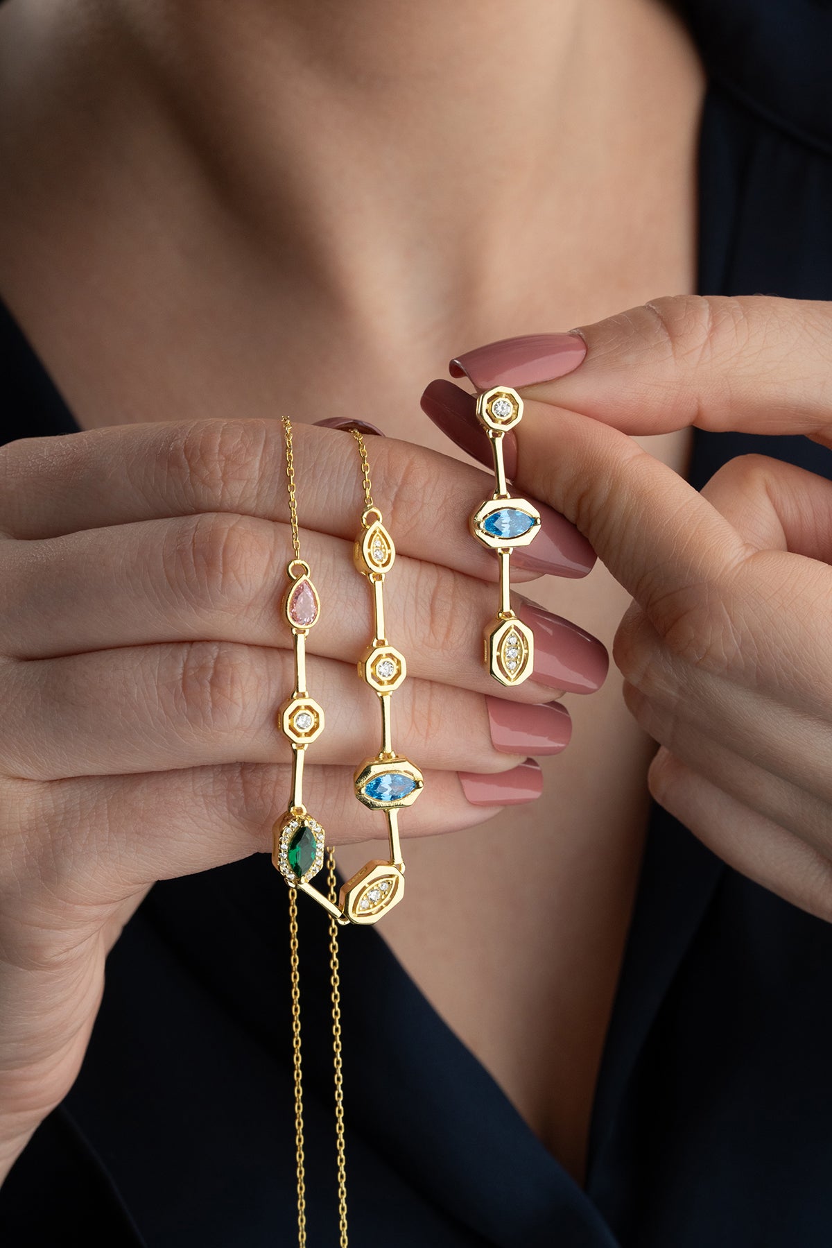 Multicolor Gemstone Drop Necklace and Earring Set