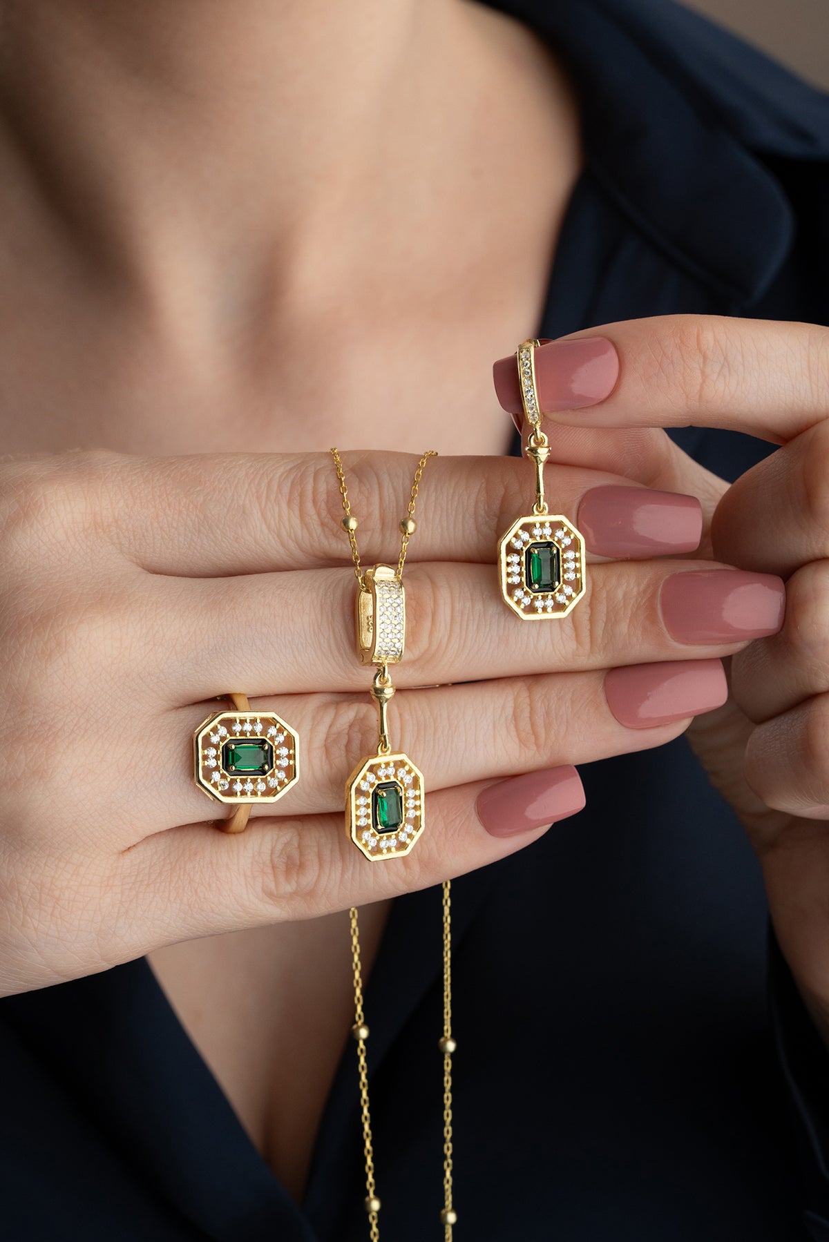 Emerald Halo Octagon Jewelry Set