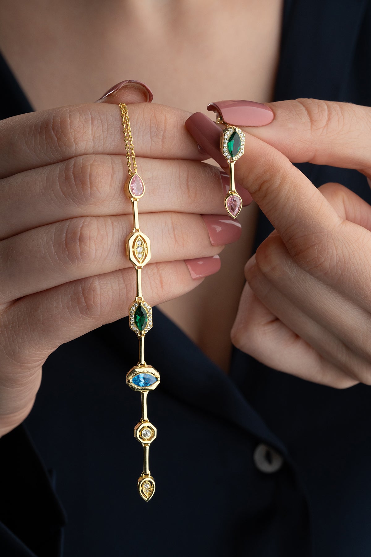 Multicolor Gemstone Drop Necklace and Earring Set
