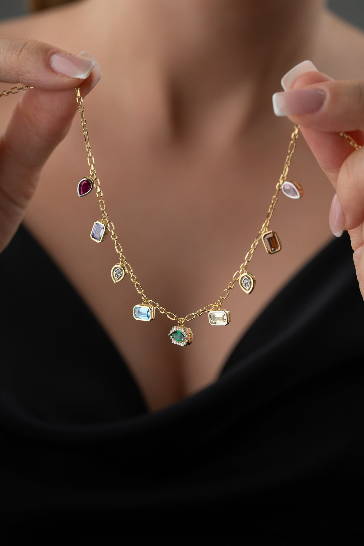 Multicolor Gemstone Charm Necklace in Gold