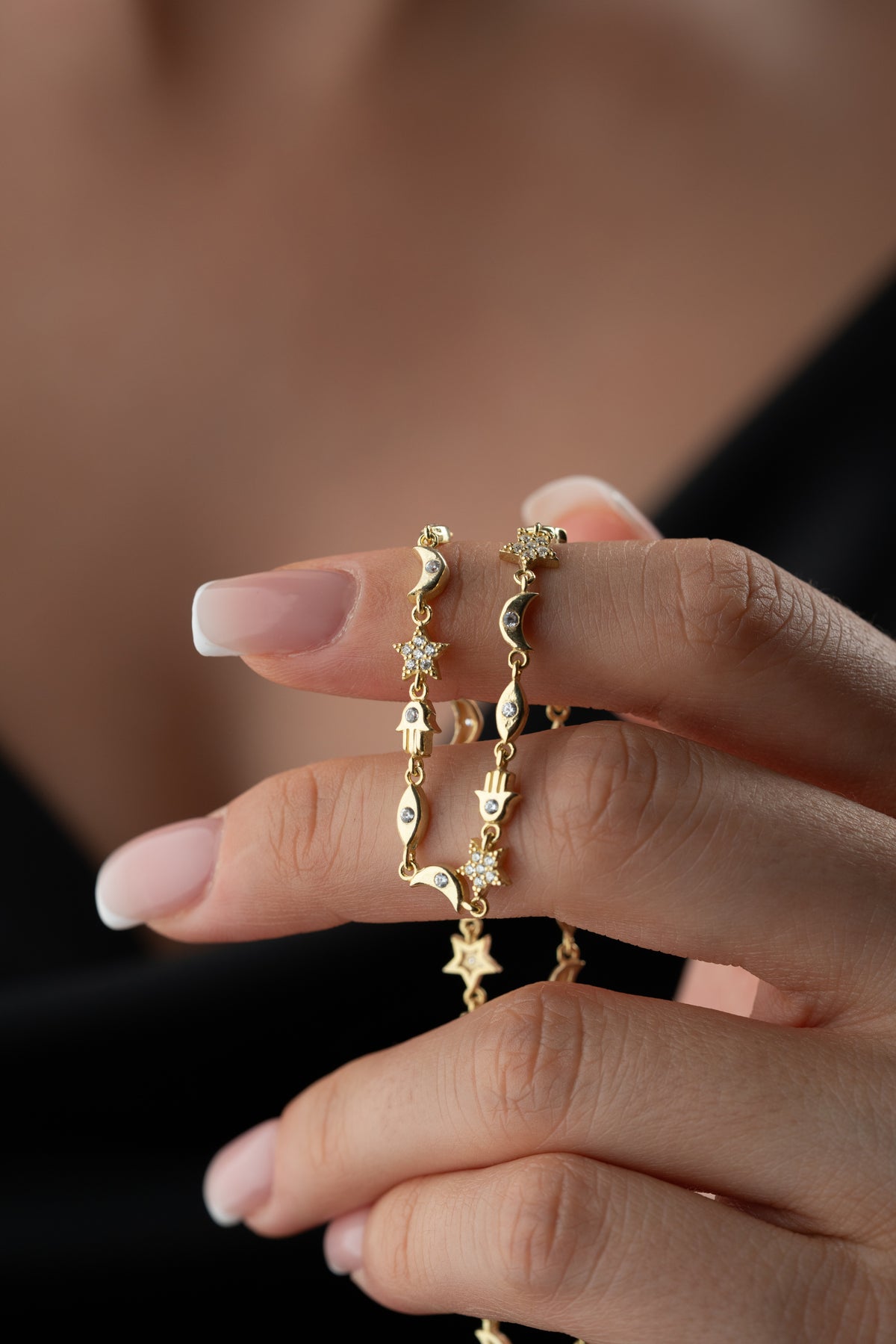 Hamsa Star Moon Eye Charm Necklace