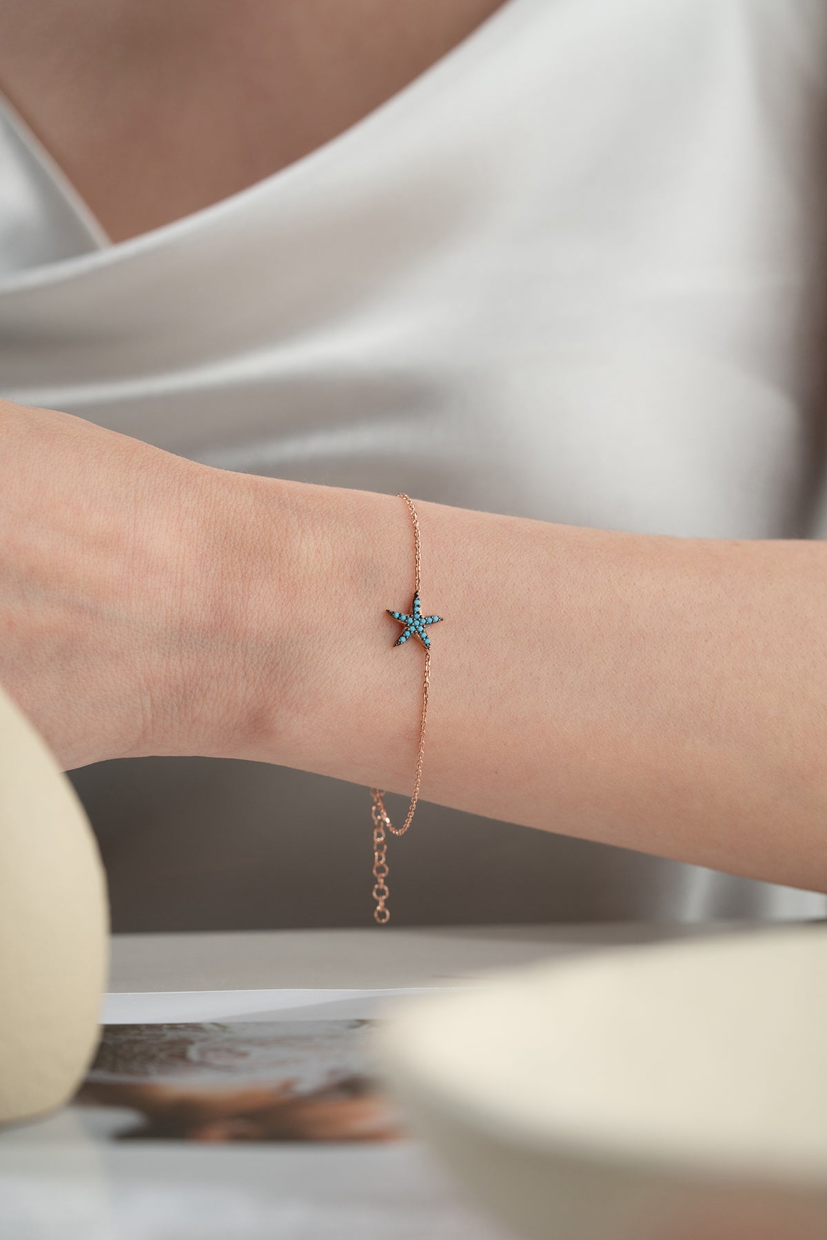 Turquoise Starfish Charm Bracelet in Rose Gold