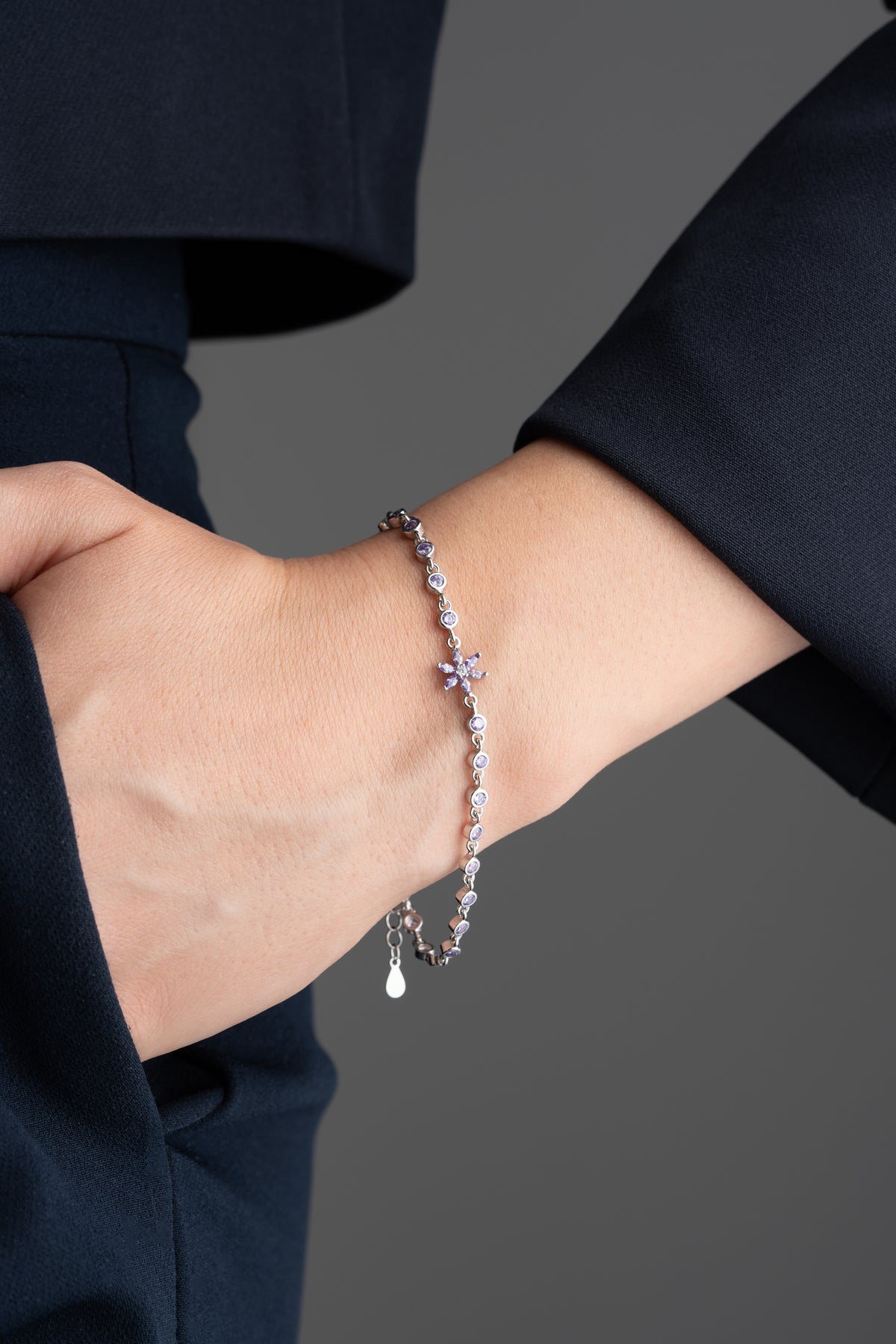 Amethyst Flower Tennis Bracelet in Silver