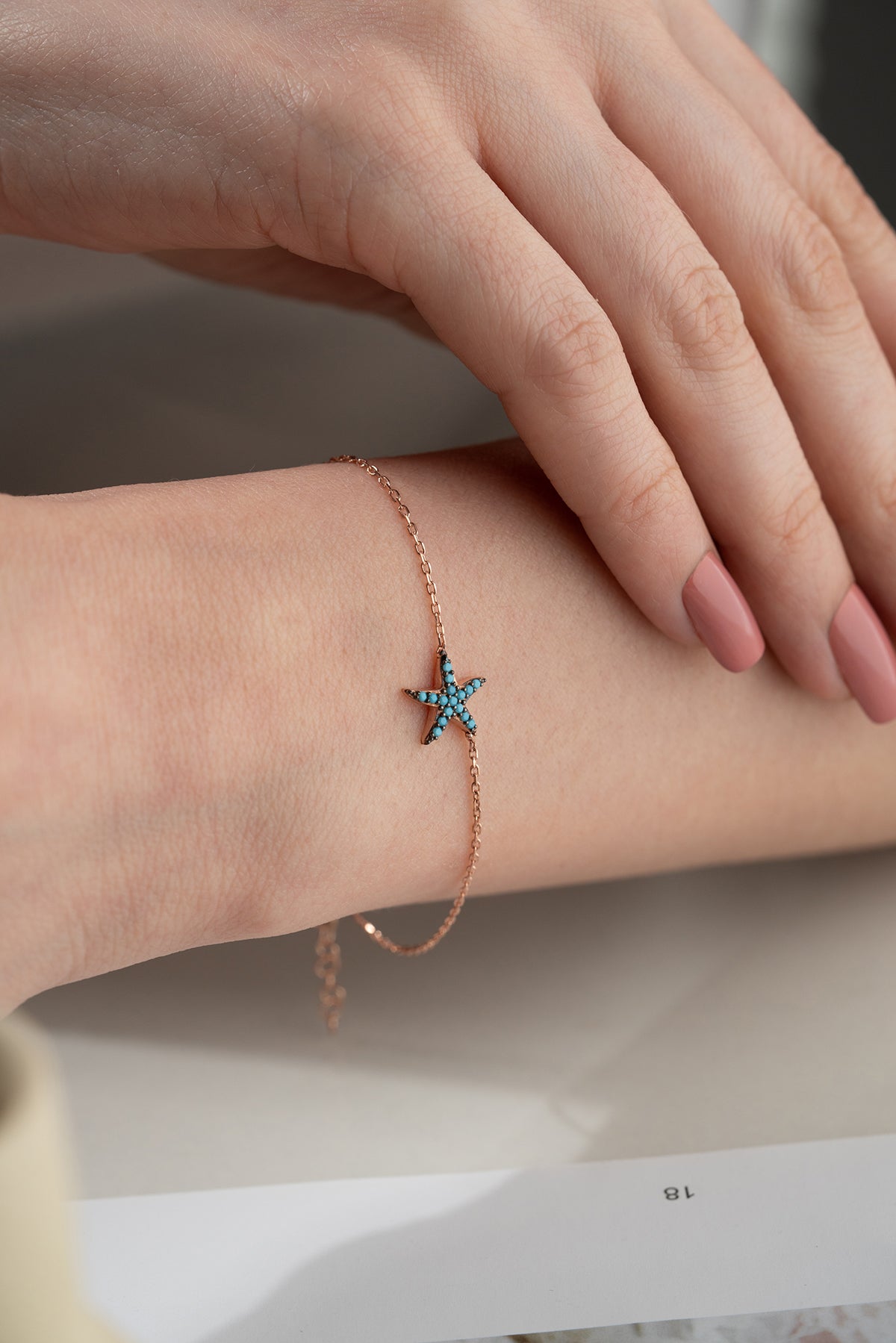 Turquoise Starfish Charm Bracelet in Rose Gold