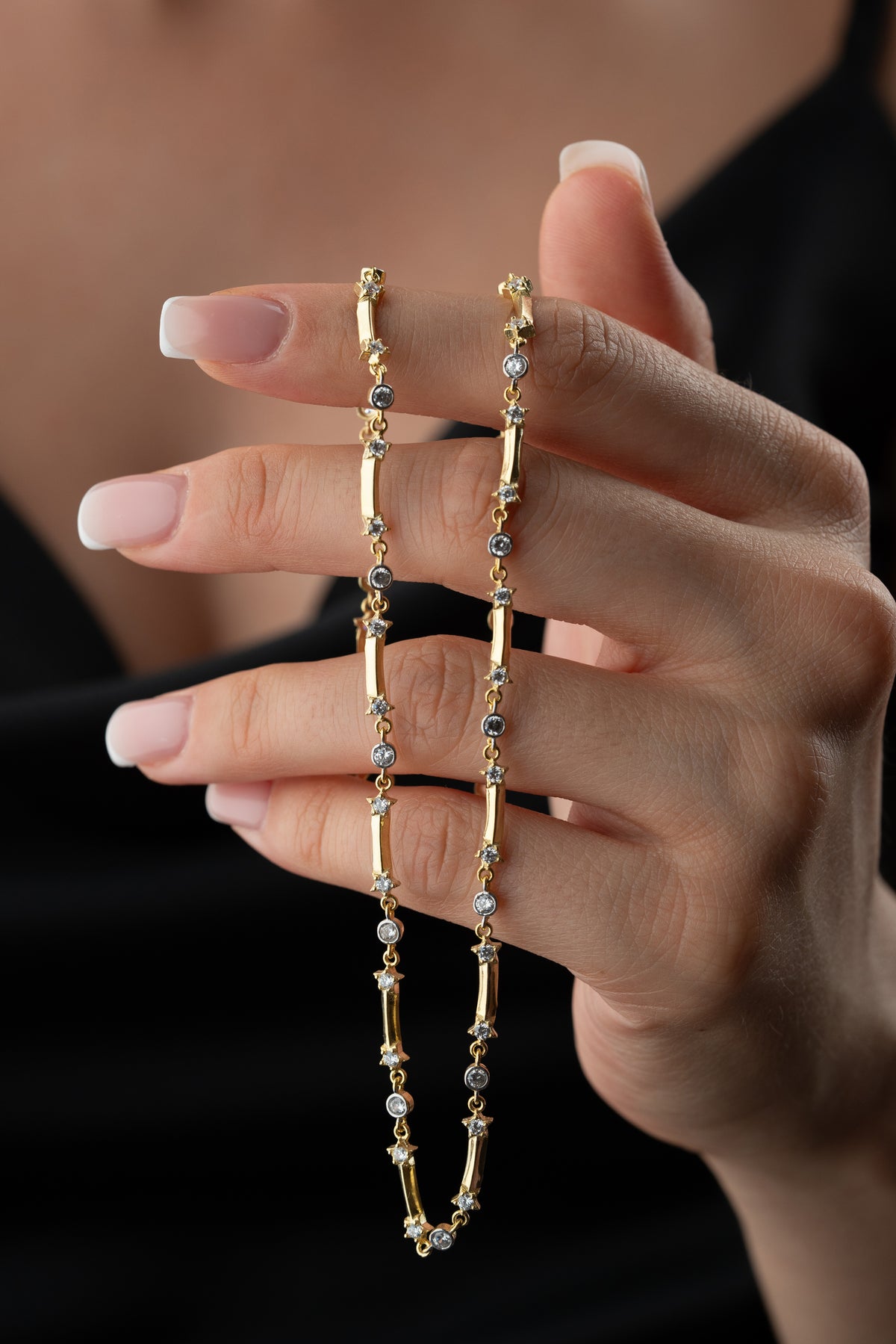 Gold Bar and Stone Station Necklace