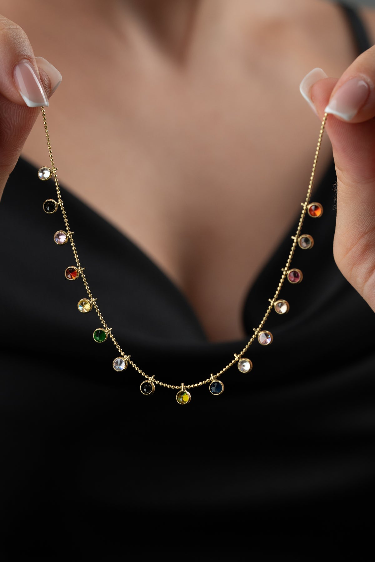 Rainbow Gemstone Station Necklace in Gold