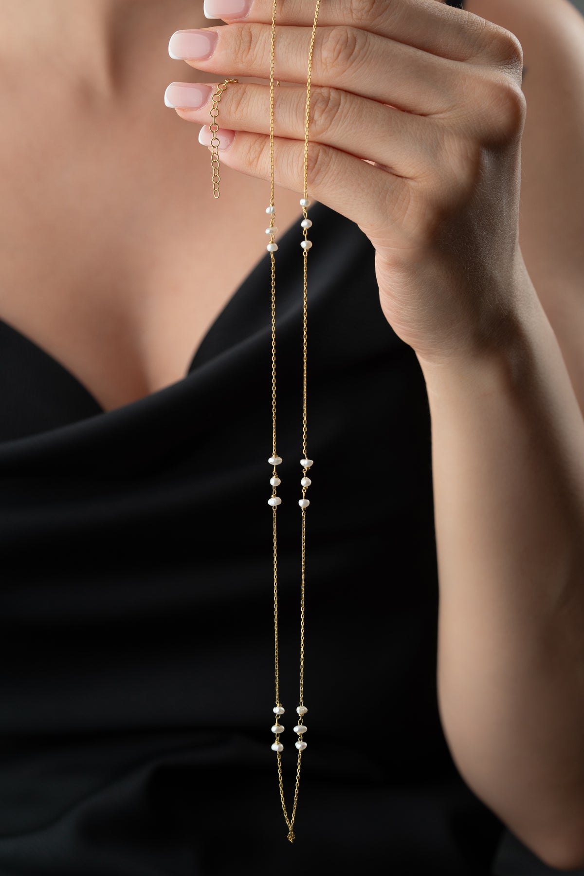 Long Pearl Station Necklace in Gold