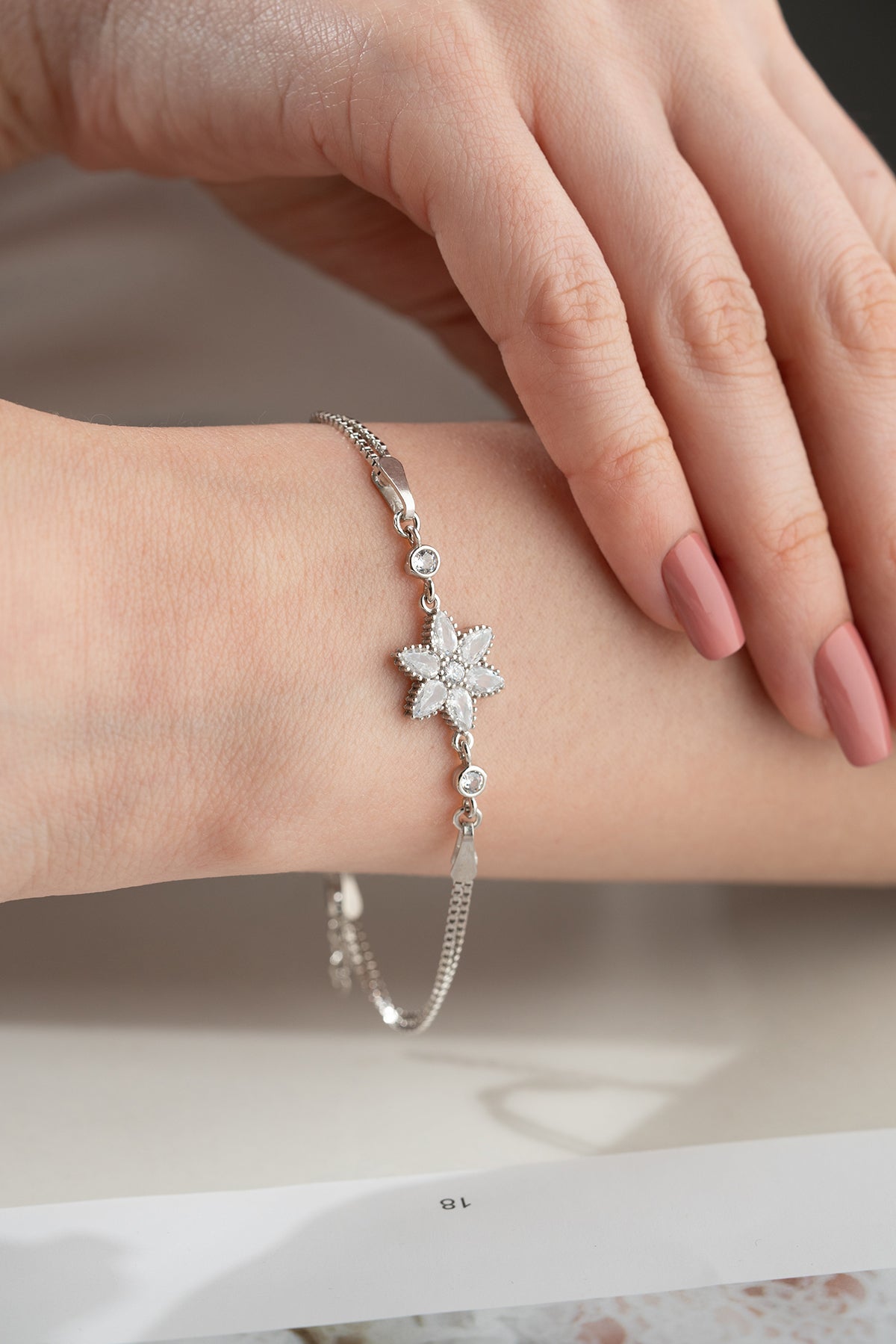 Crystal Flower Charm Bracelet in Silver