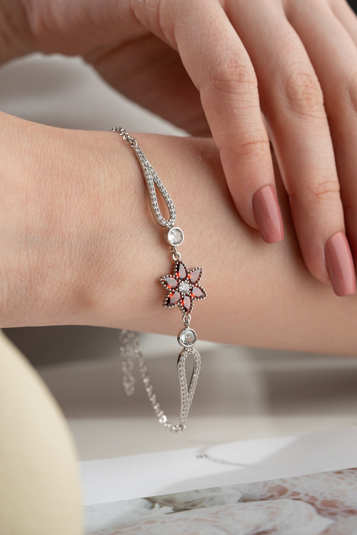 Red Crystal Flower Bracelet in Silver