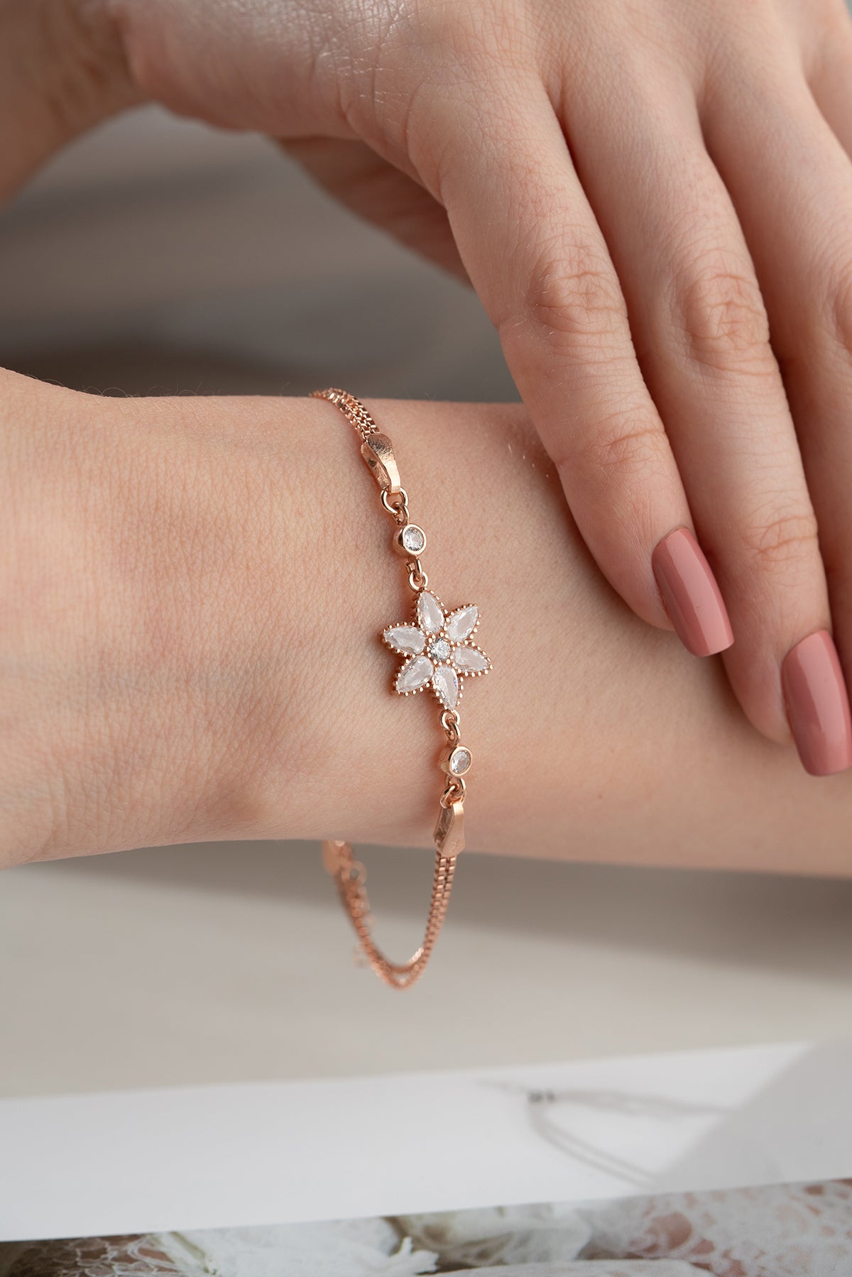 Crystal Flower Charm Bracelet in Silver