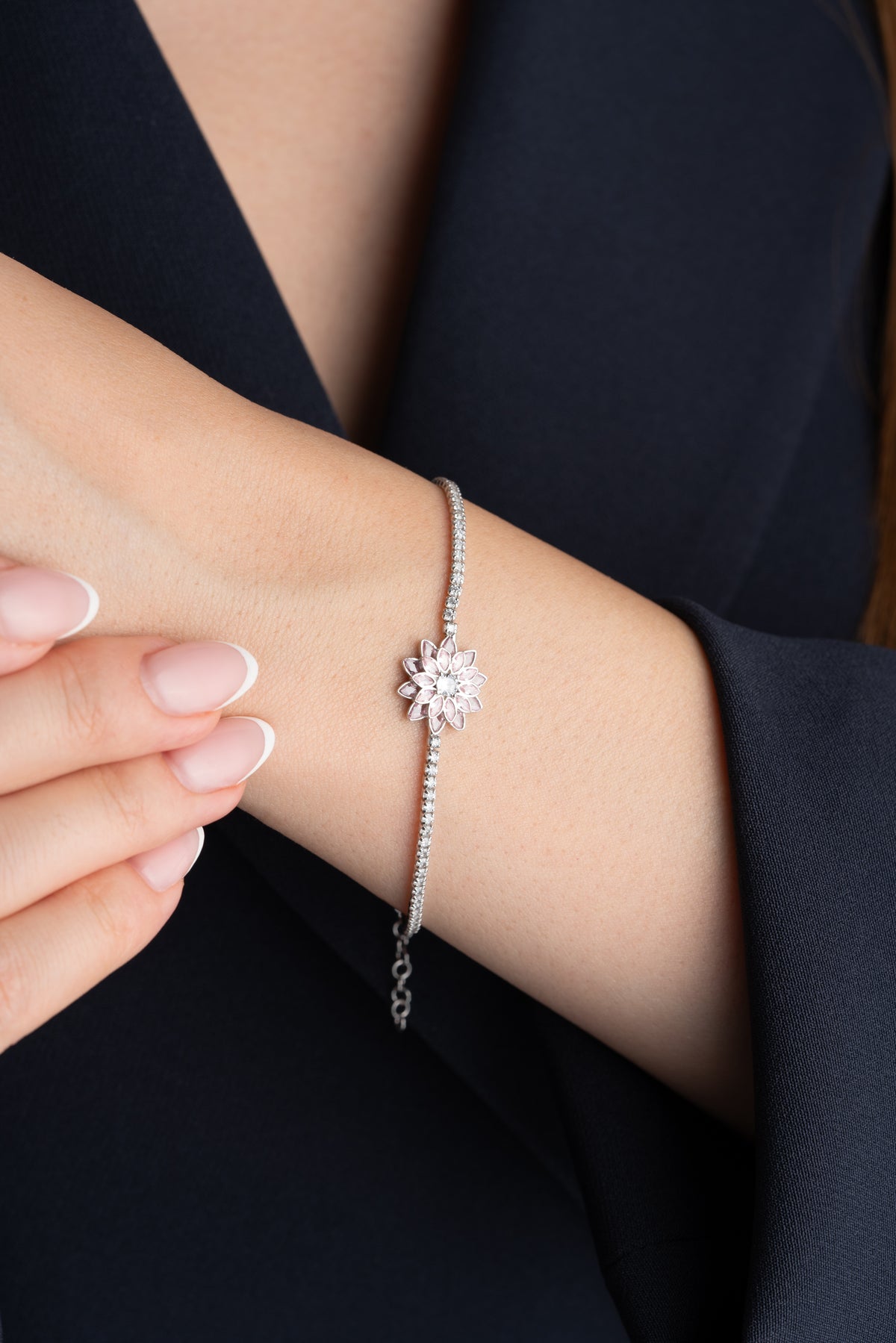 Pink Flower Tennis Bracelet in Silver