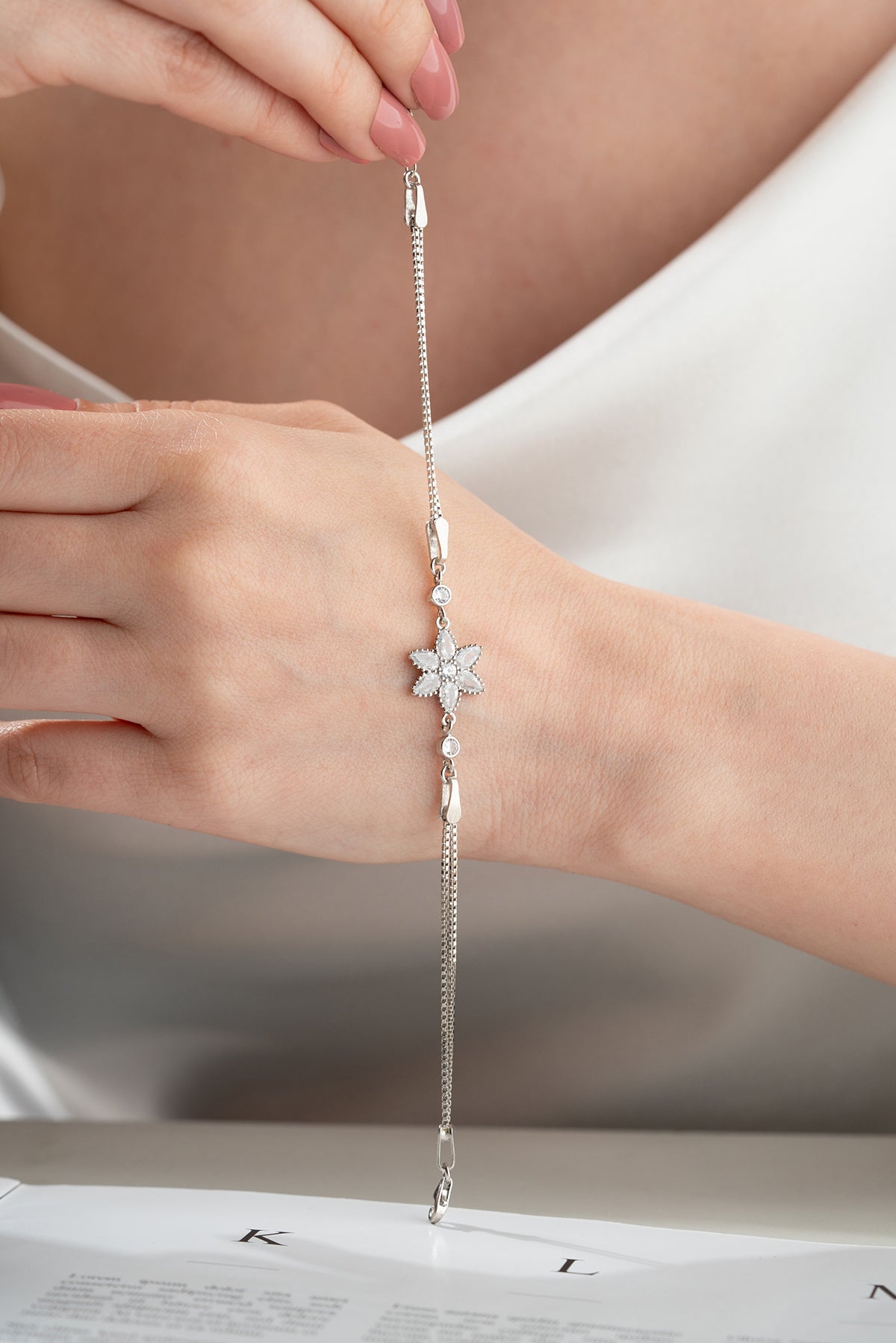 Crystal Flower Charm Bracelet in Silver