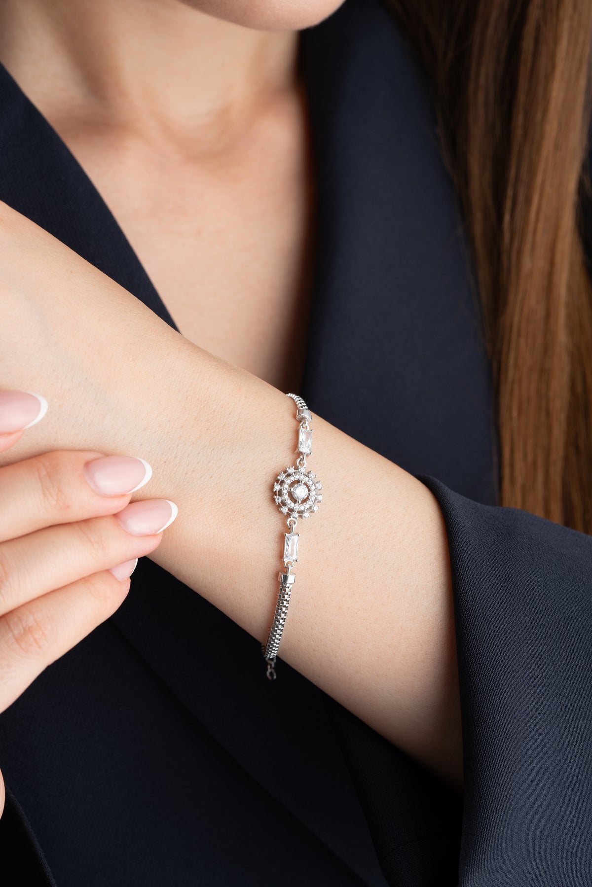 Crystal Flower Medallion Bracelet in Silver