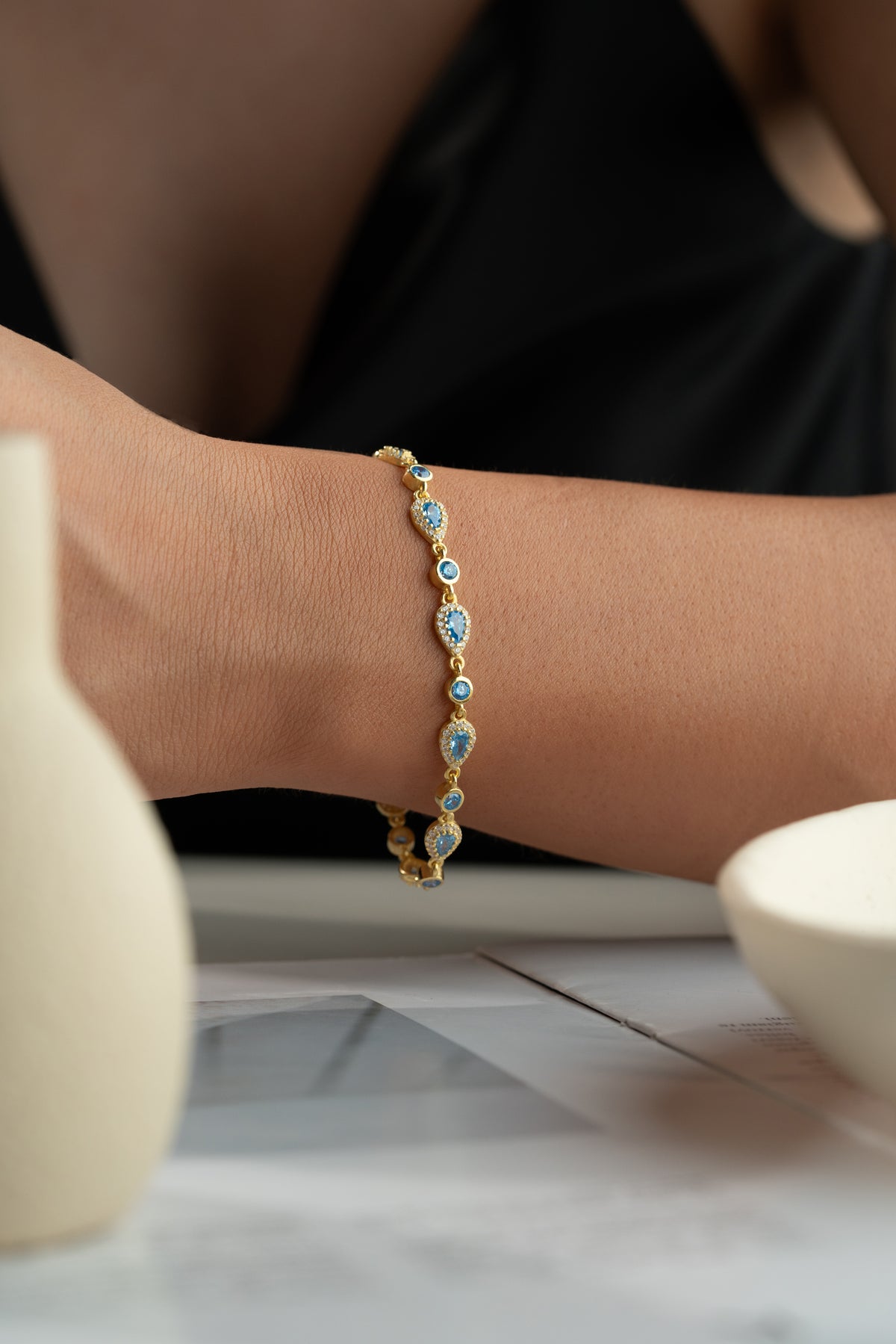 Blue Stone Teardrop Halo Bracelet