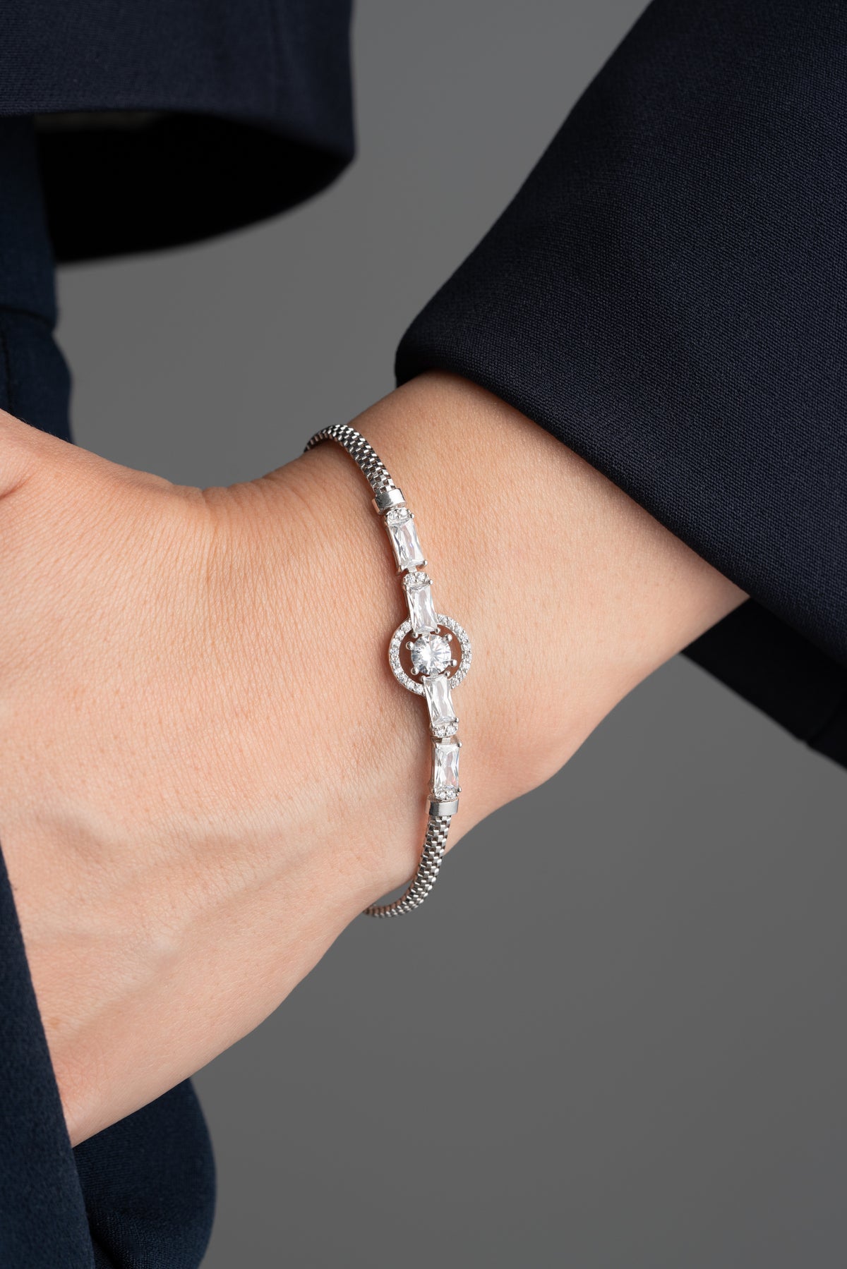 Round Halo Baguette Bracelet in Silver