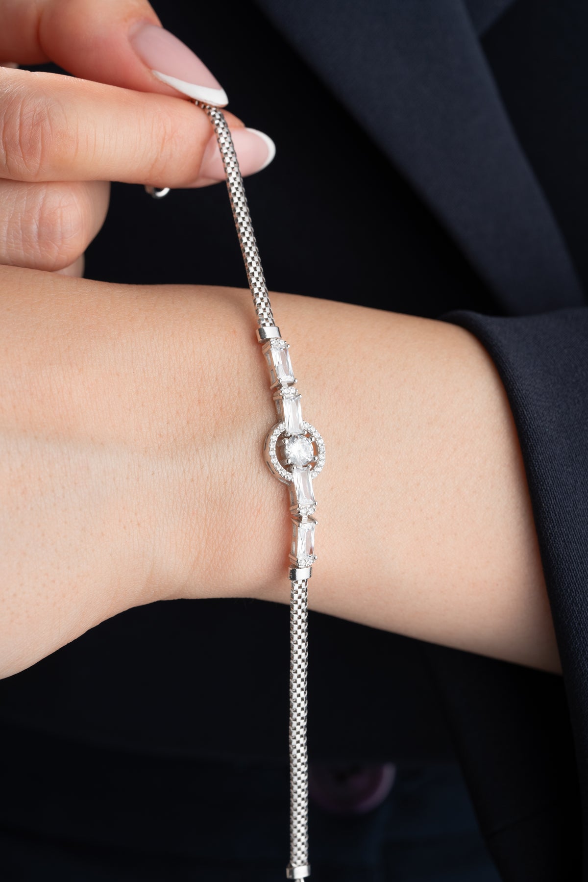 Round Halo Baguette Bracelet in Silver