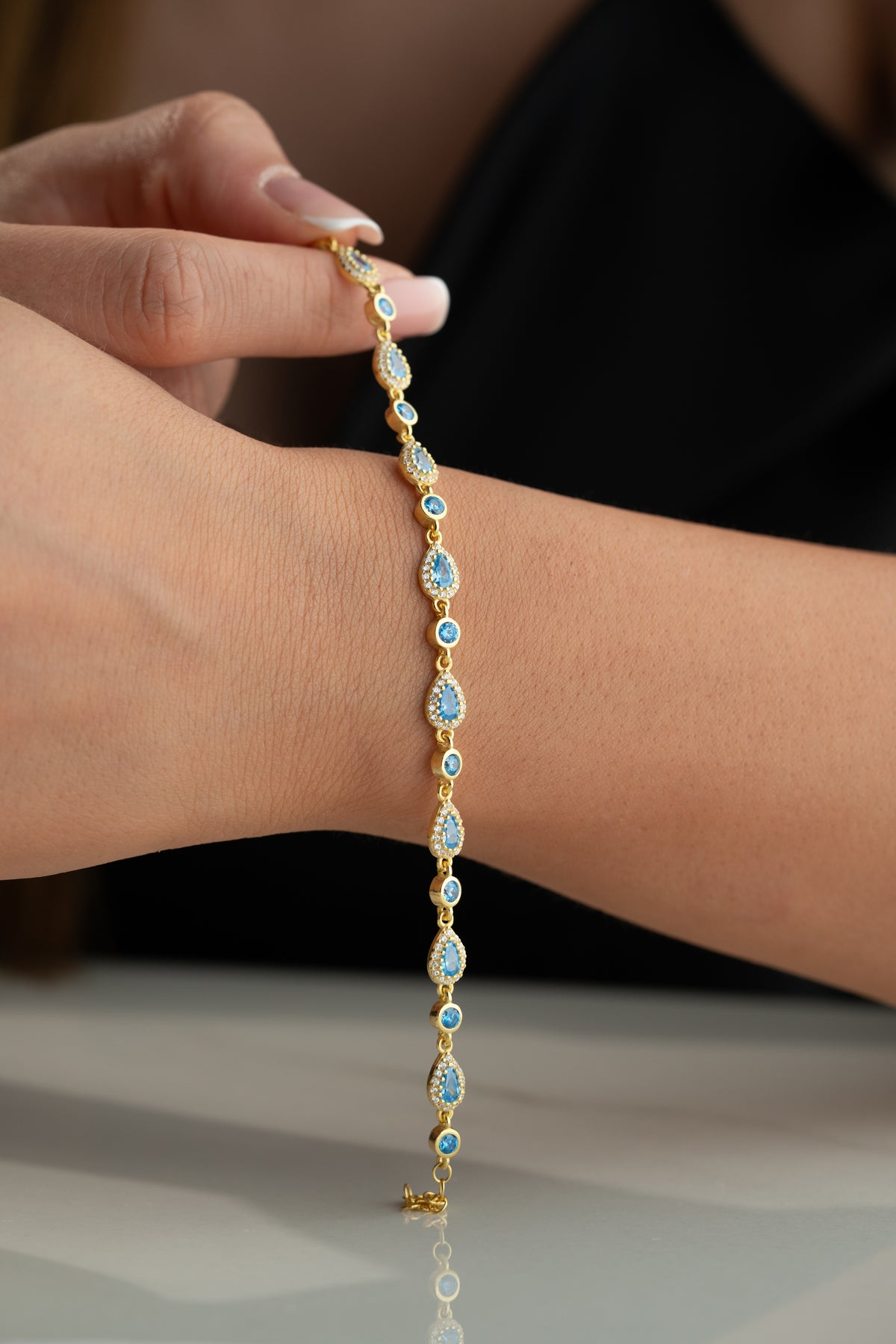 Blue Stone Teardrop Halo Bracelet