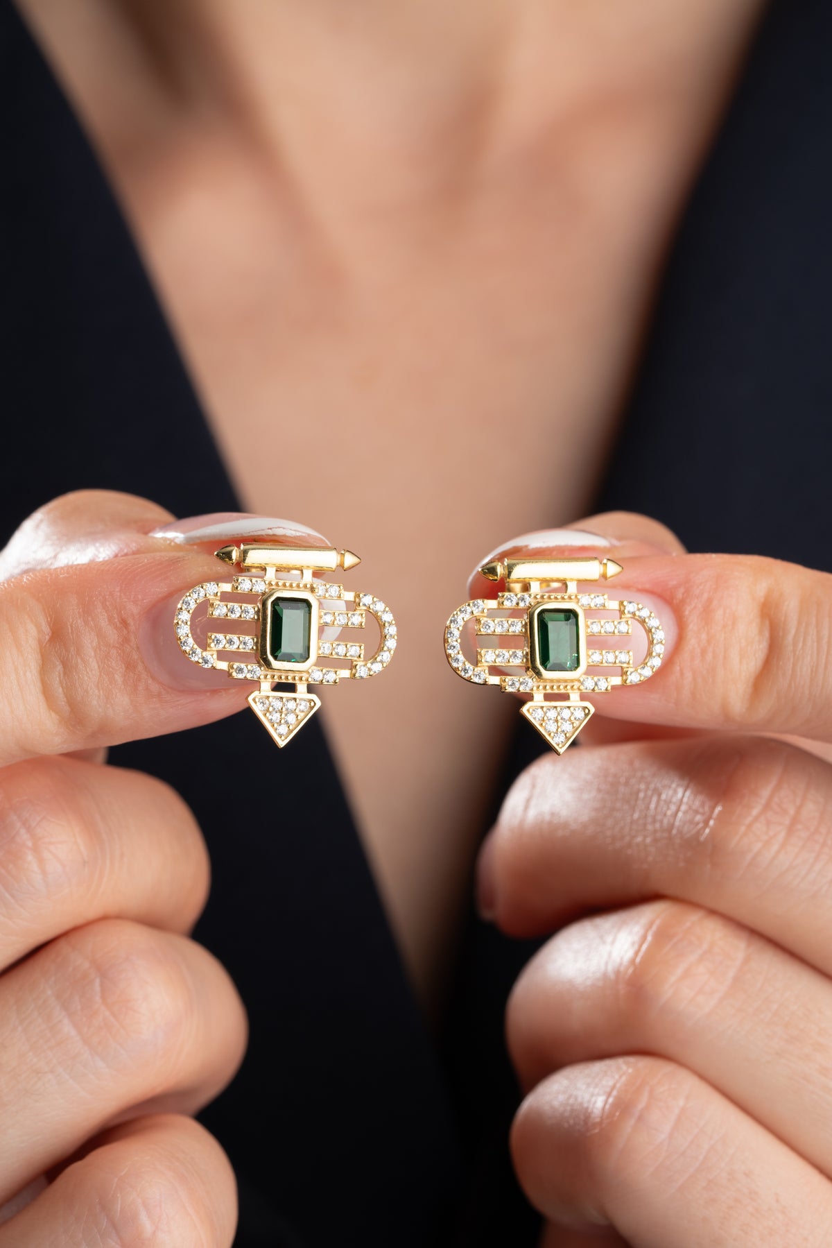 Art Deco Emerald Stone Stud Earrings