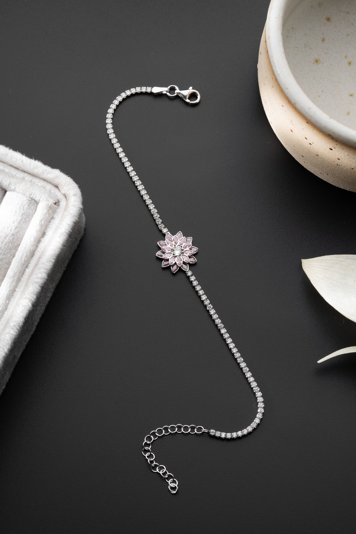 Pink Flower Tennis Bracelet in Silver