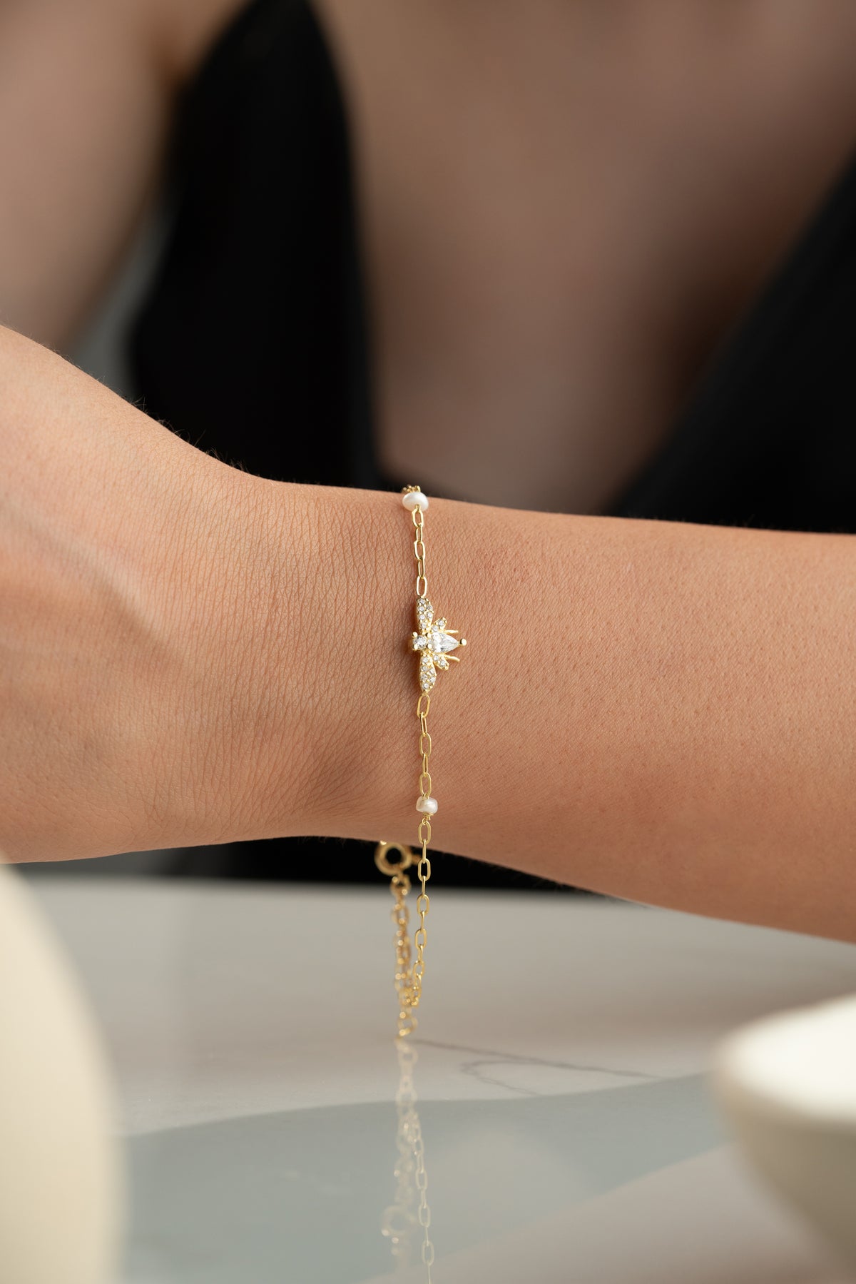Pearl and Crystal Bee Charm Bracelet