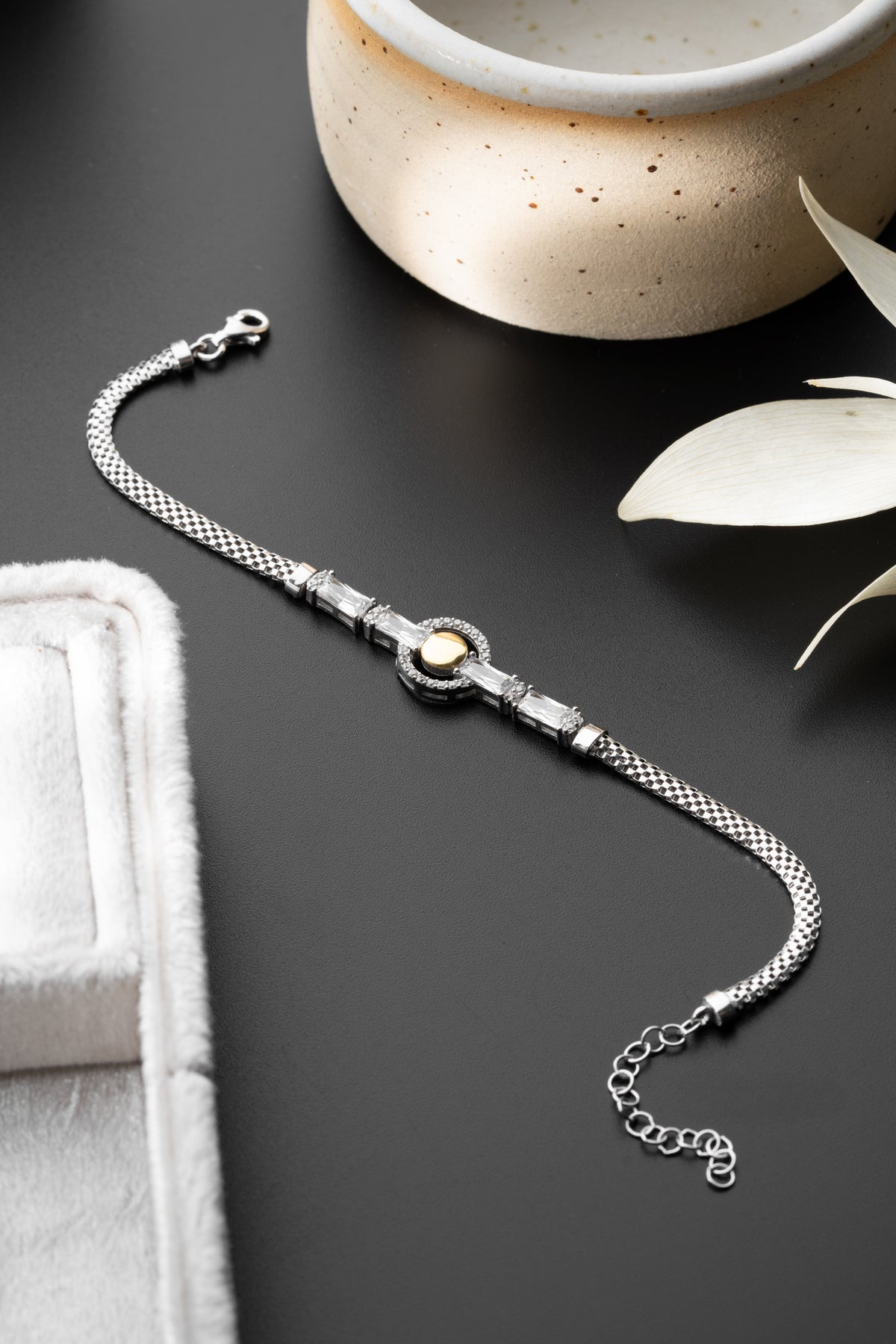 Two Tone Mesh Bracelet with Crystal Halo