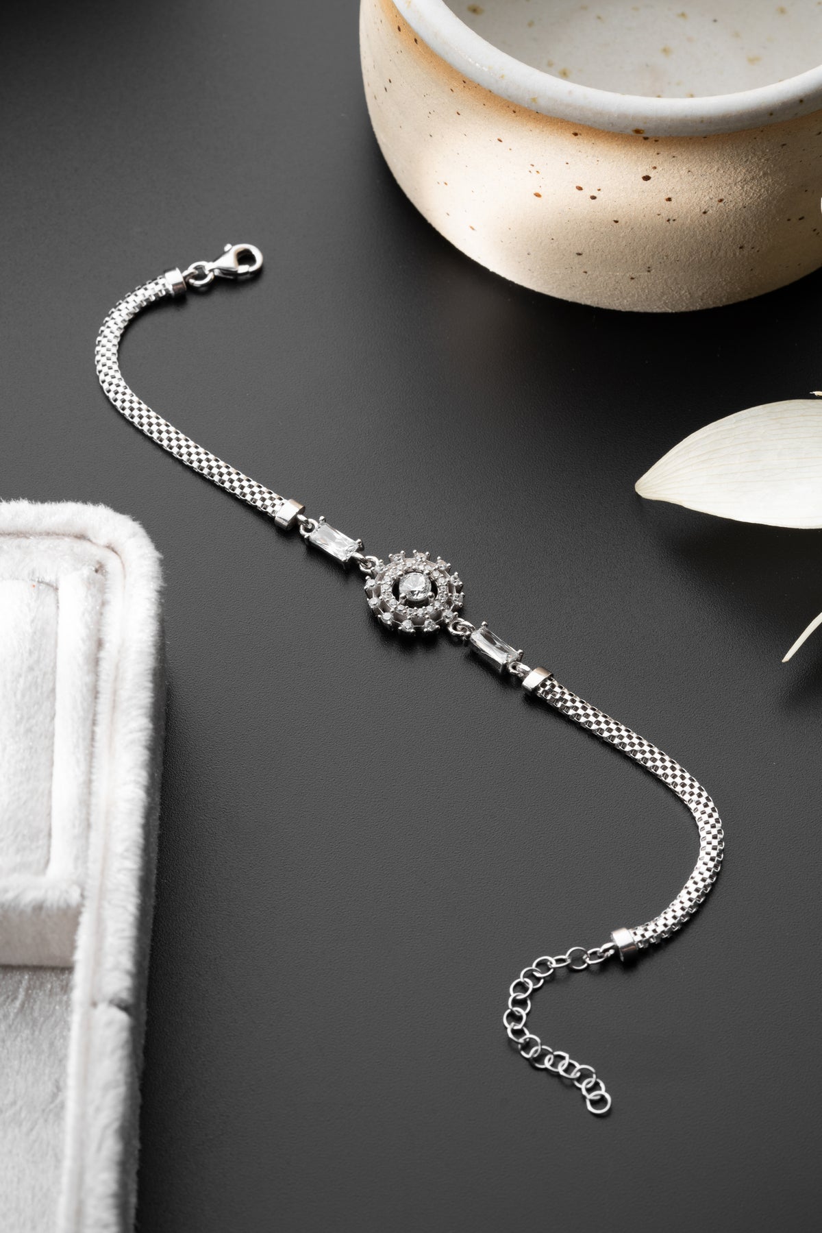 Crystal Flower Medallion Bracelet in Silver