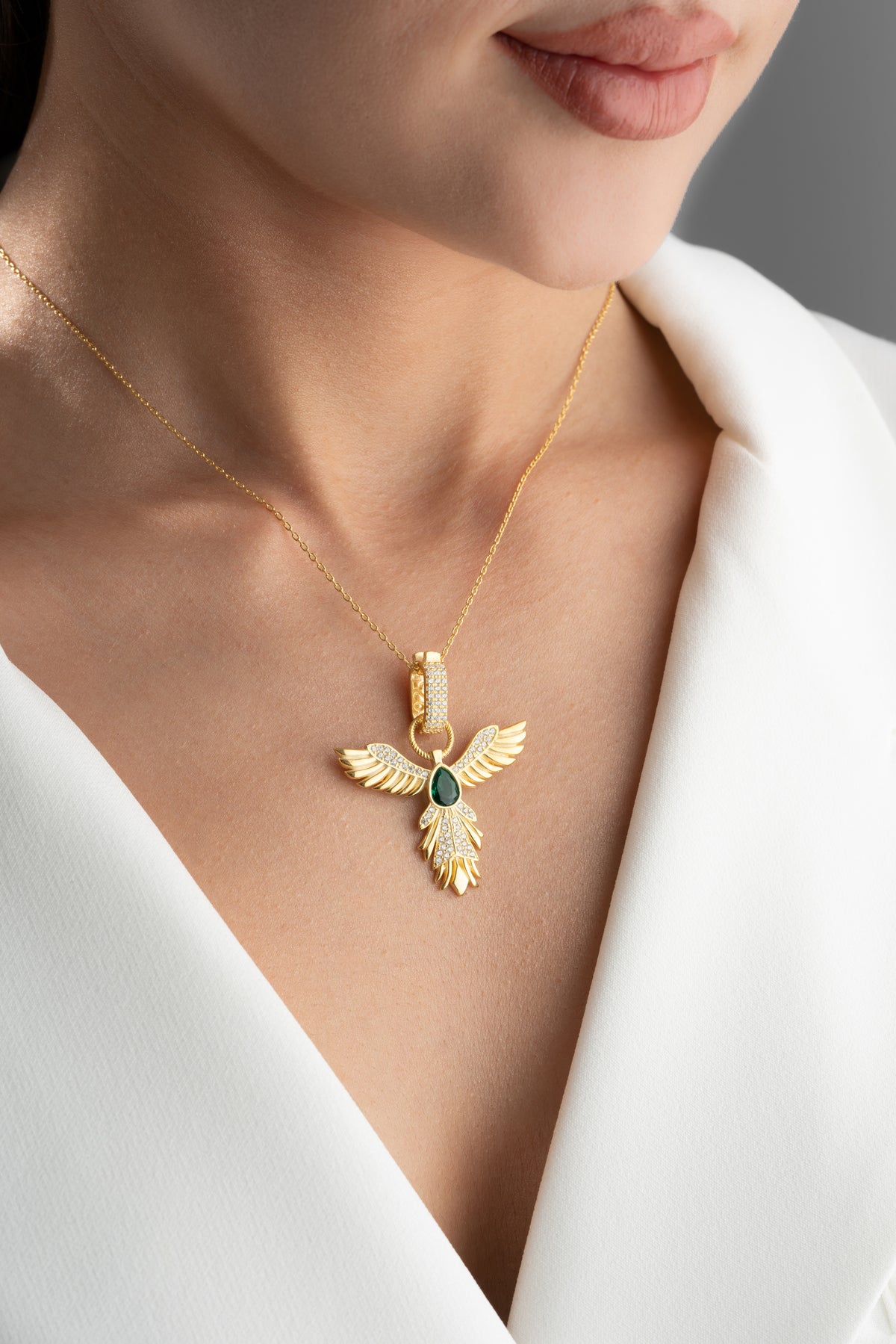 Phoenix Wings Emerald Pendant Necklace