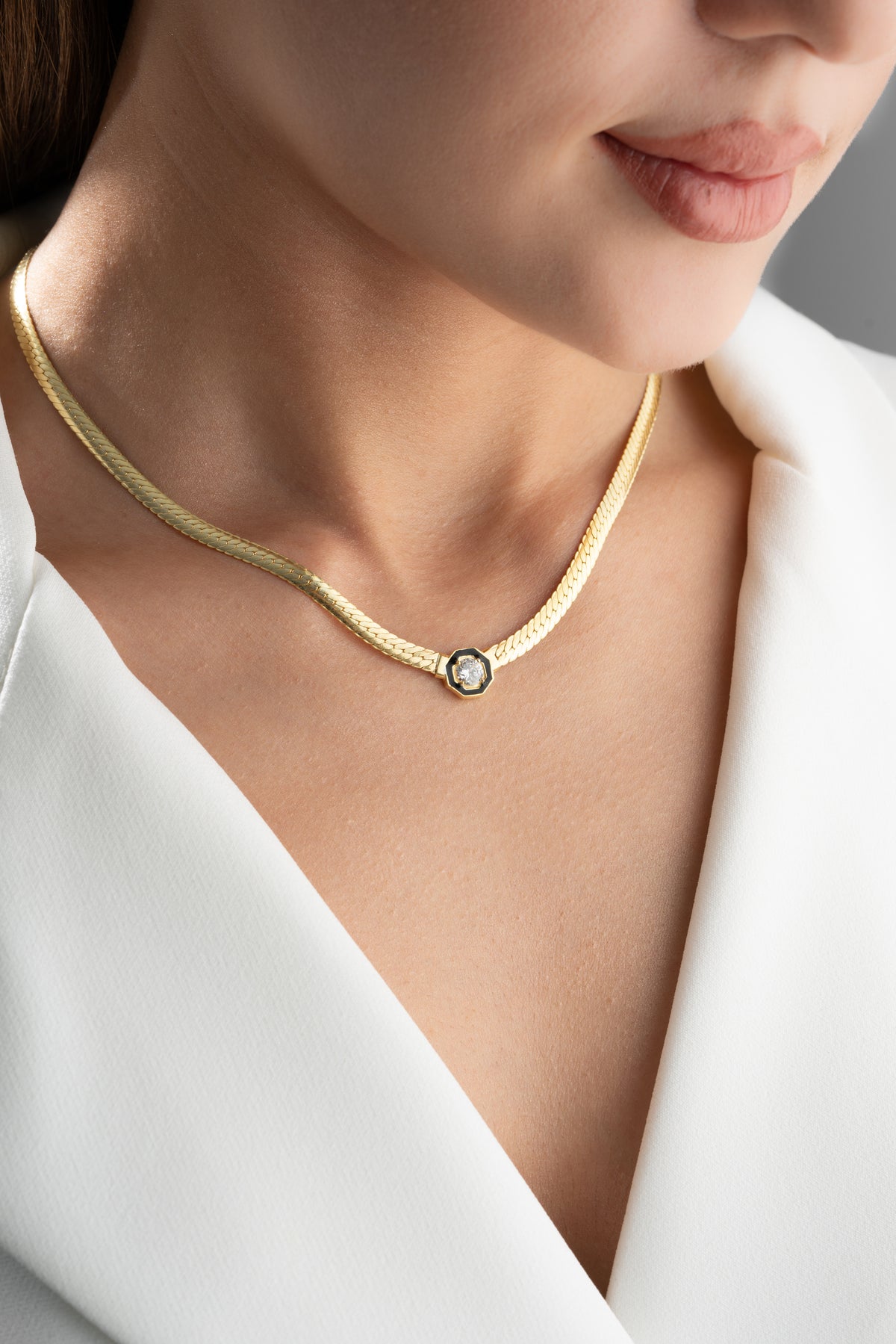 Black Enamel Stone Herringbone Necklace