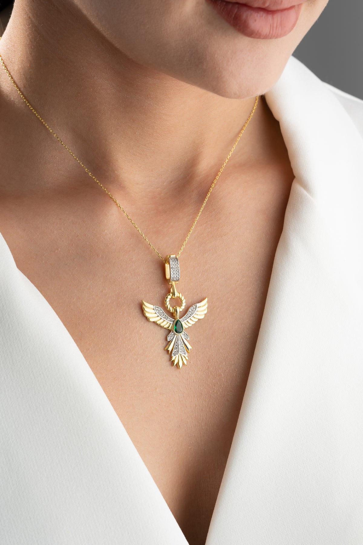 Golden Phoenix Emerald Pendant Necklace