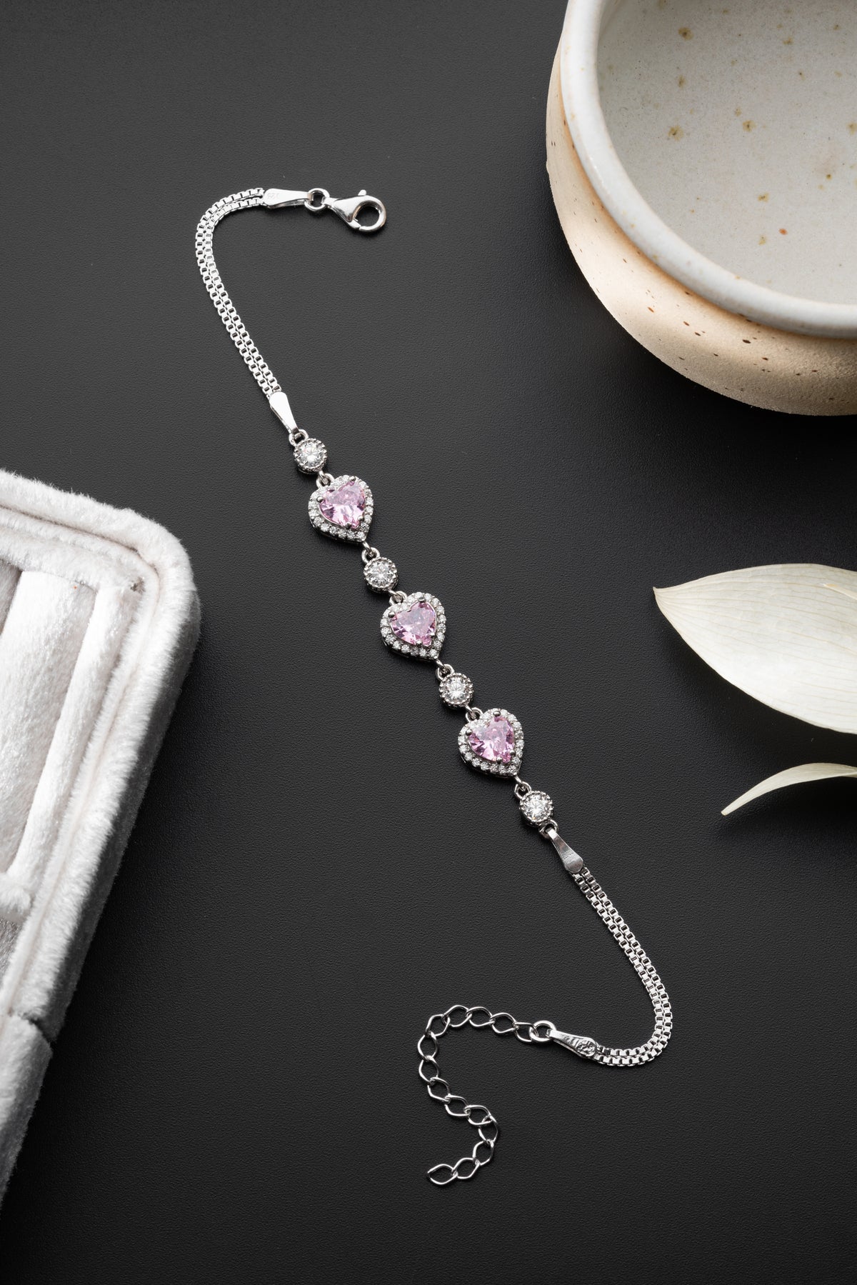 Triple Heart Halo Bracelet in Silver