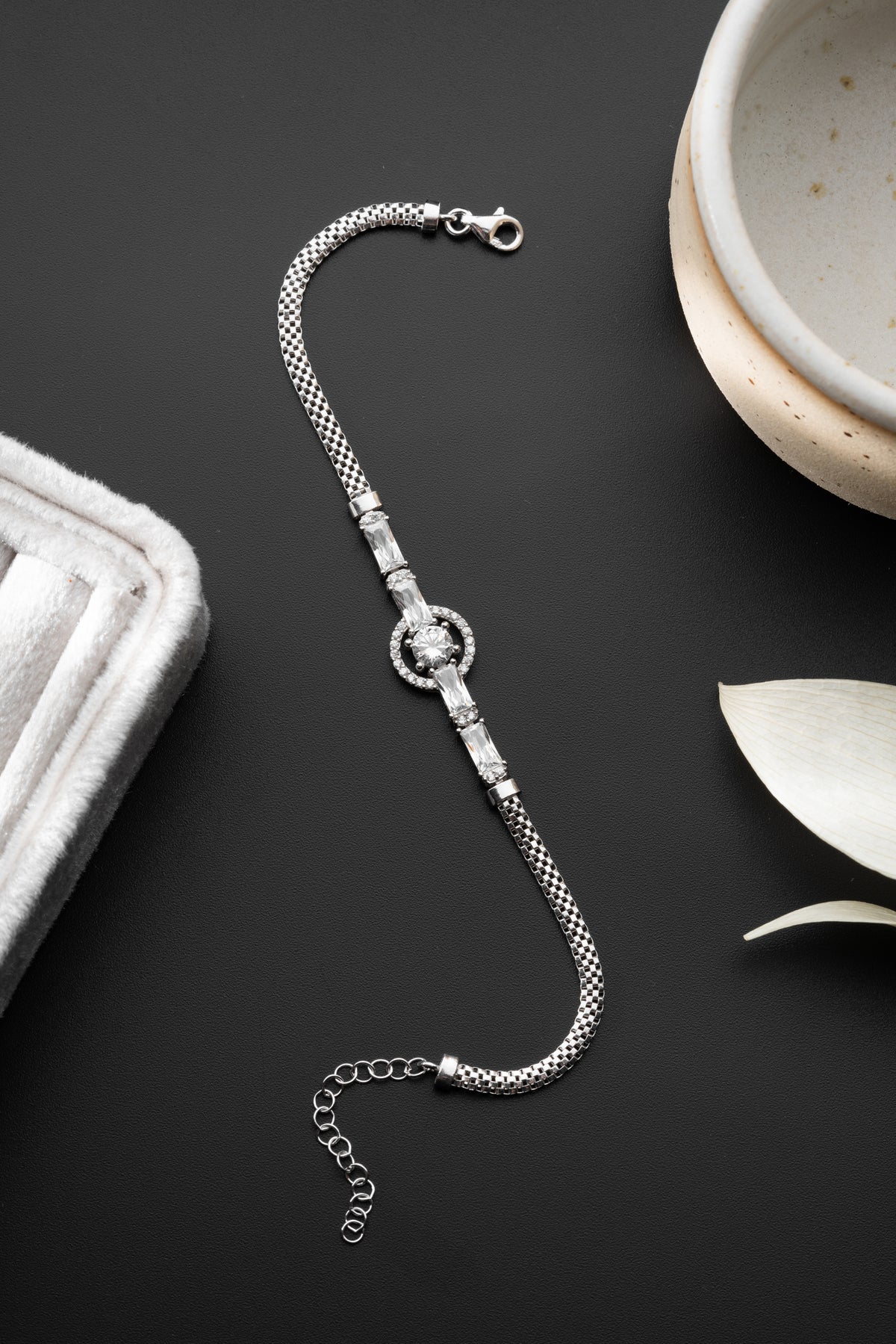 Round Halo Baguette Bracelet in Silver