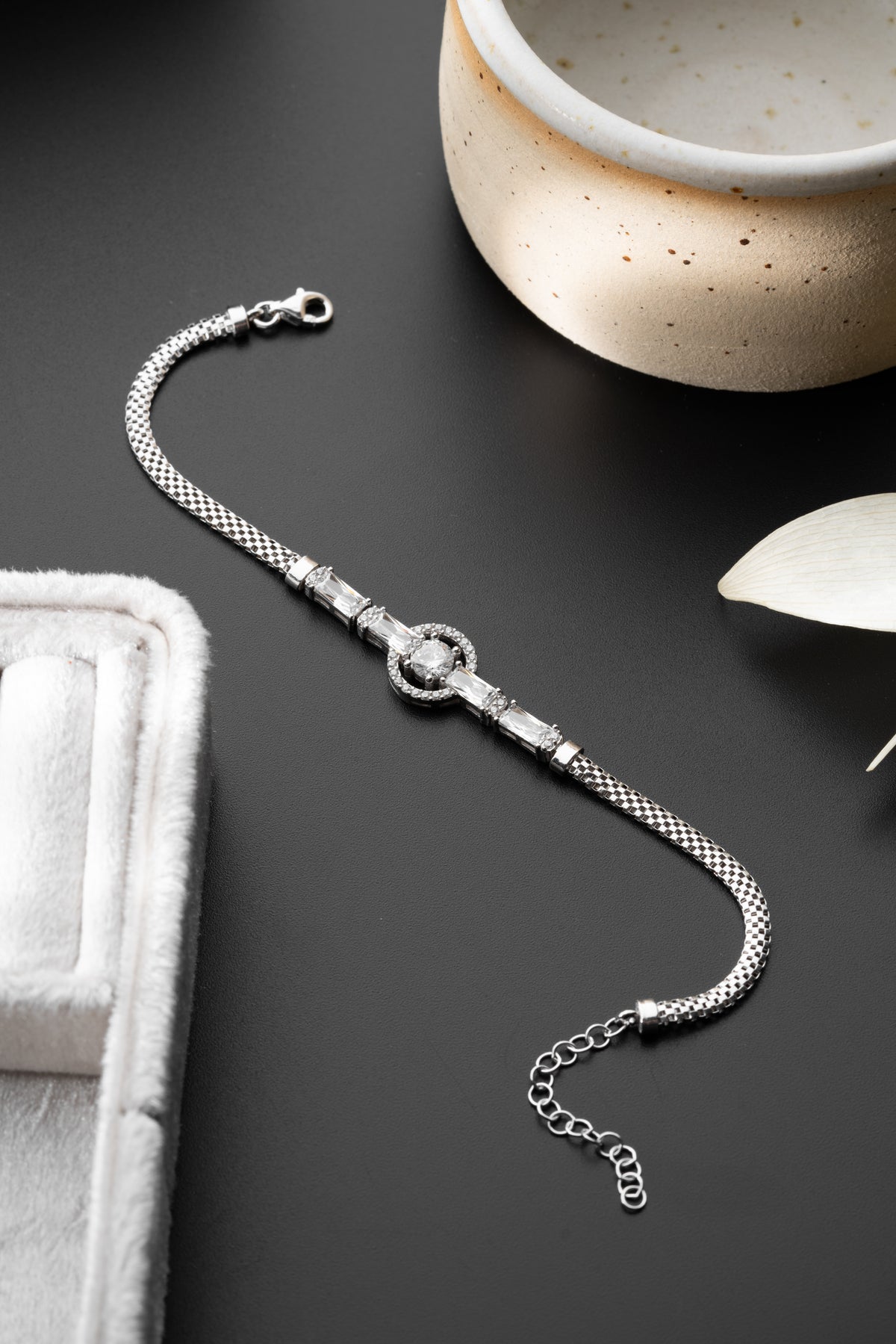 Round Halo Baguette Bracelet in Silver