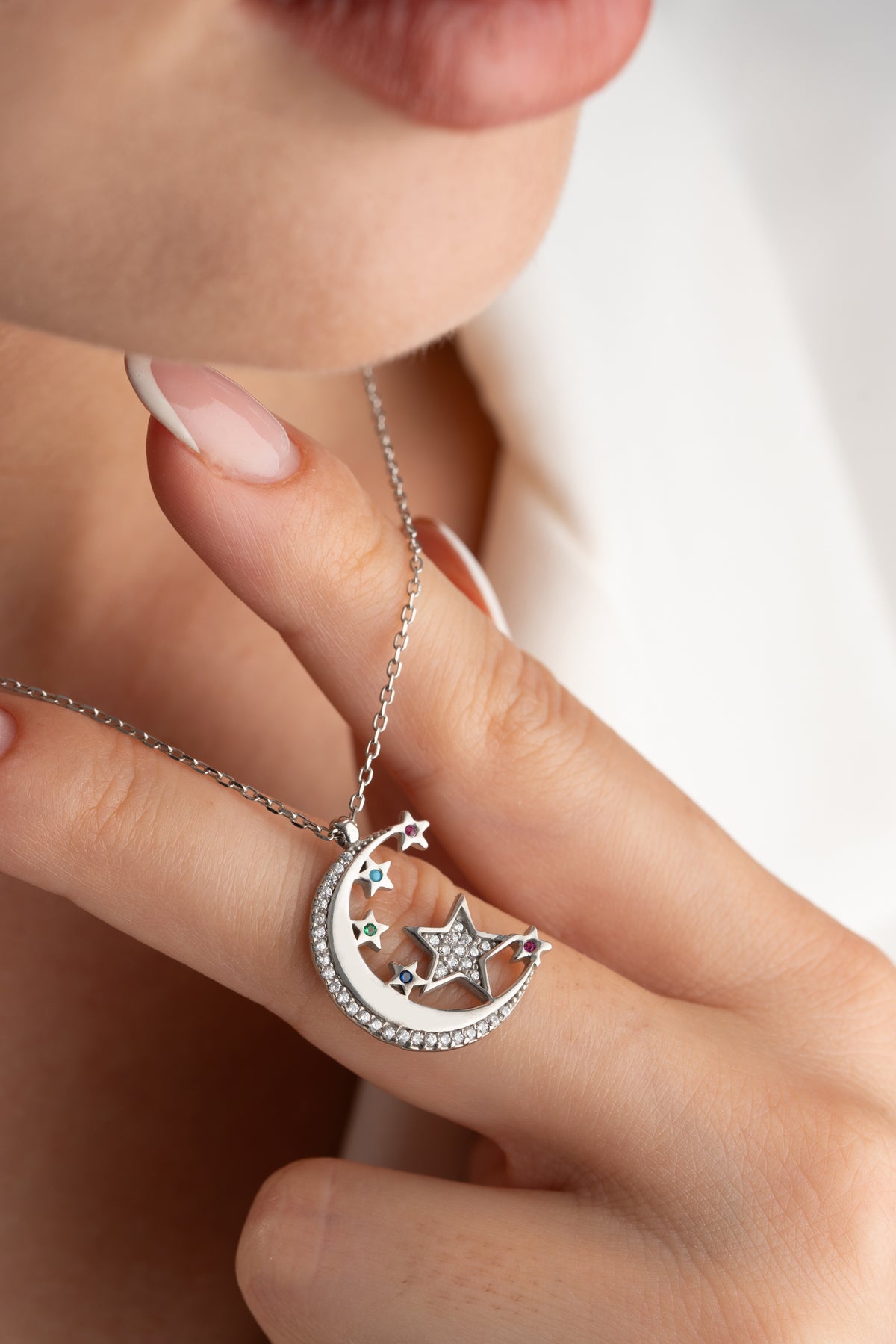 Crescent Moon and Stars Pendant Necklace