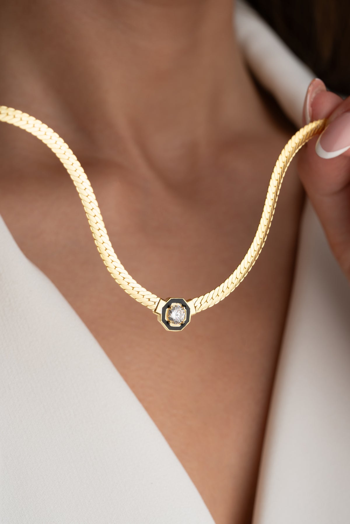 Black Enamel Stone Herringbone Necklace