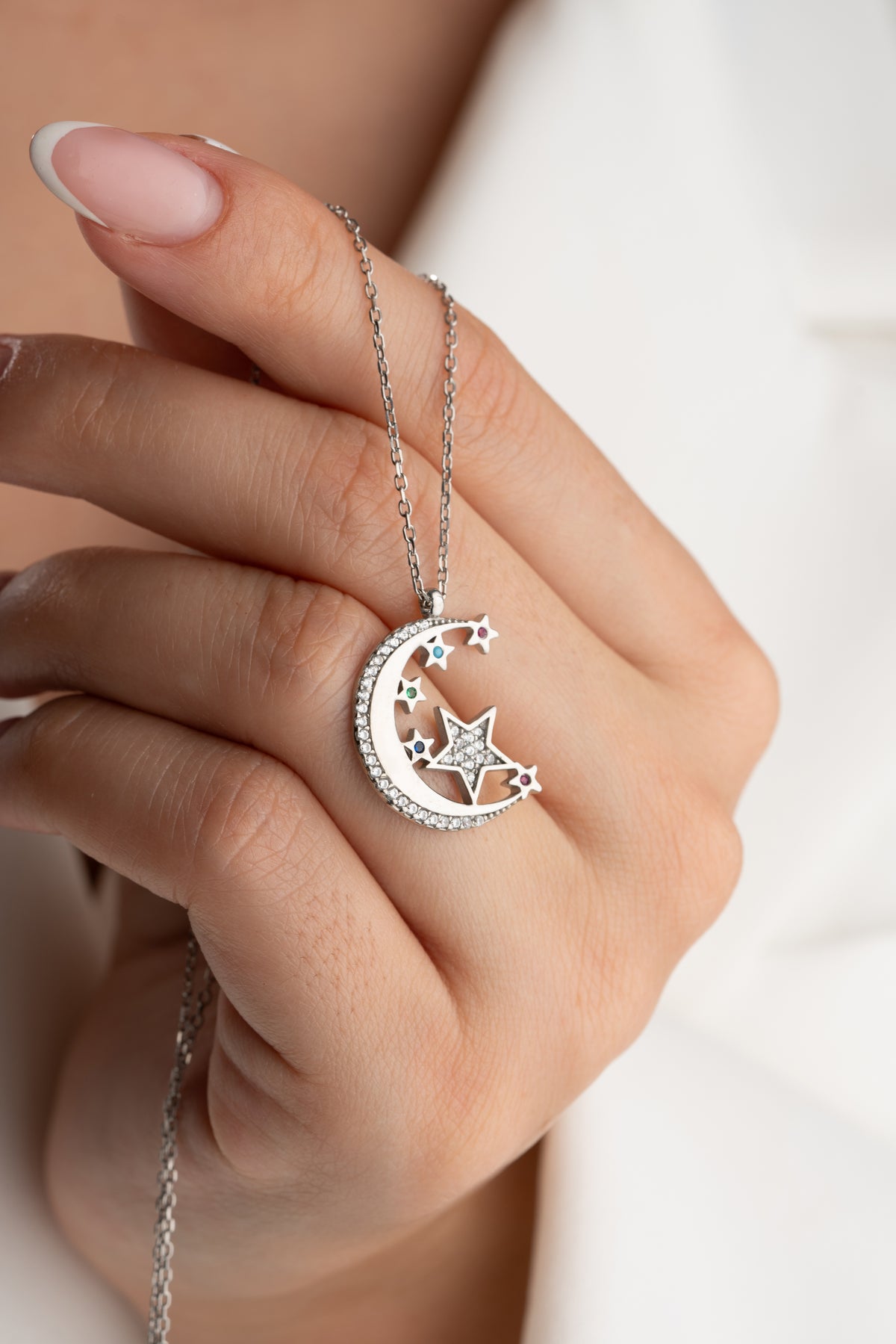 Crescent Moon and Stars Pendant Necklace