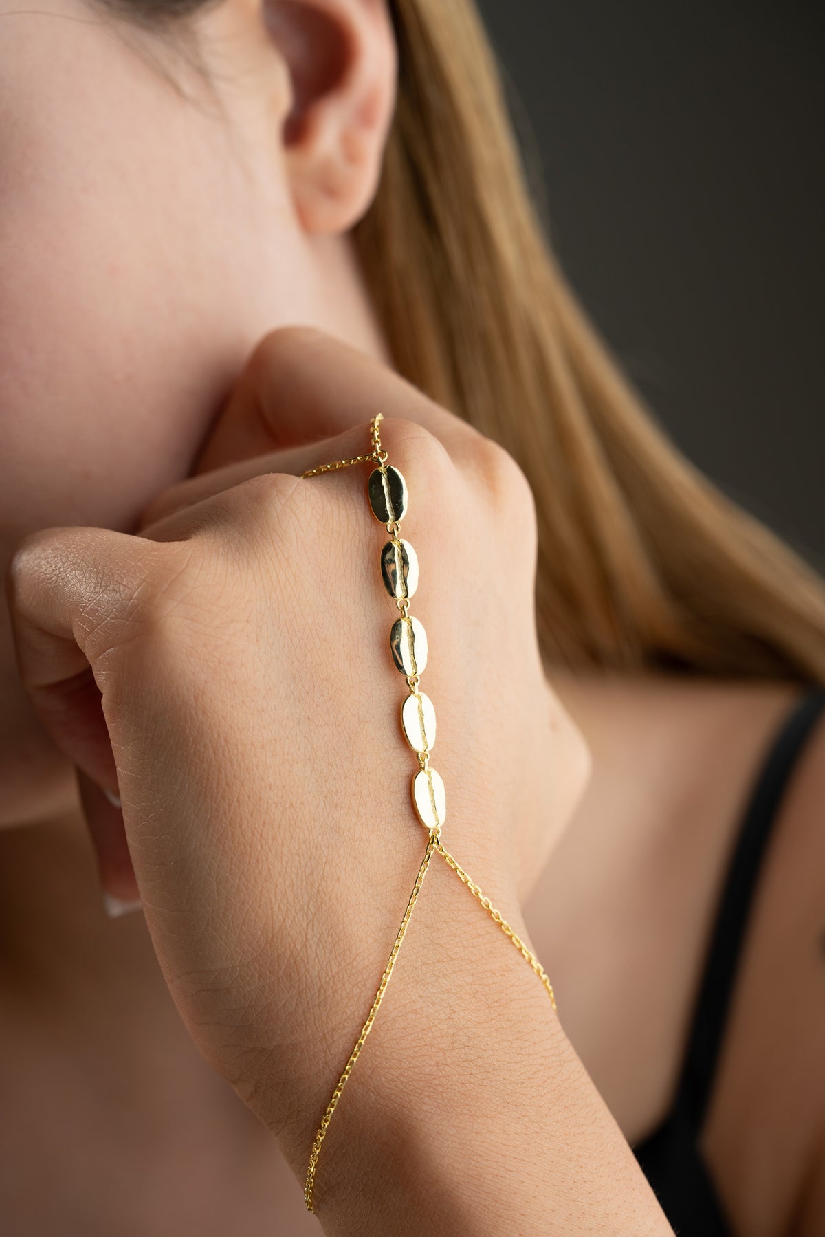 Oval Plaque Gold Hand Chain Bracelet