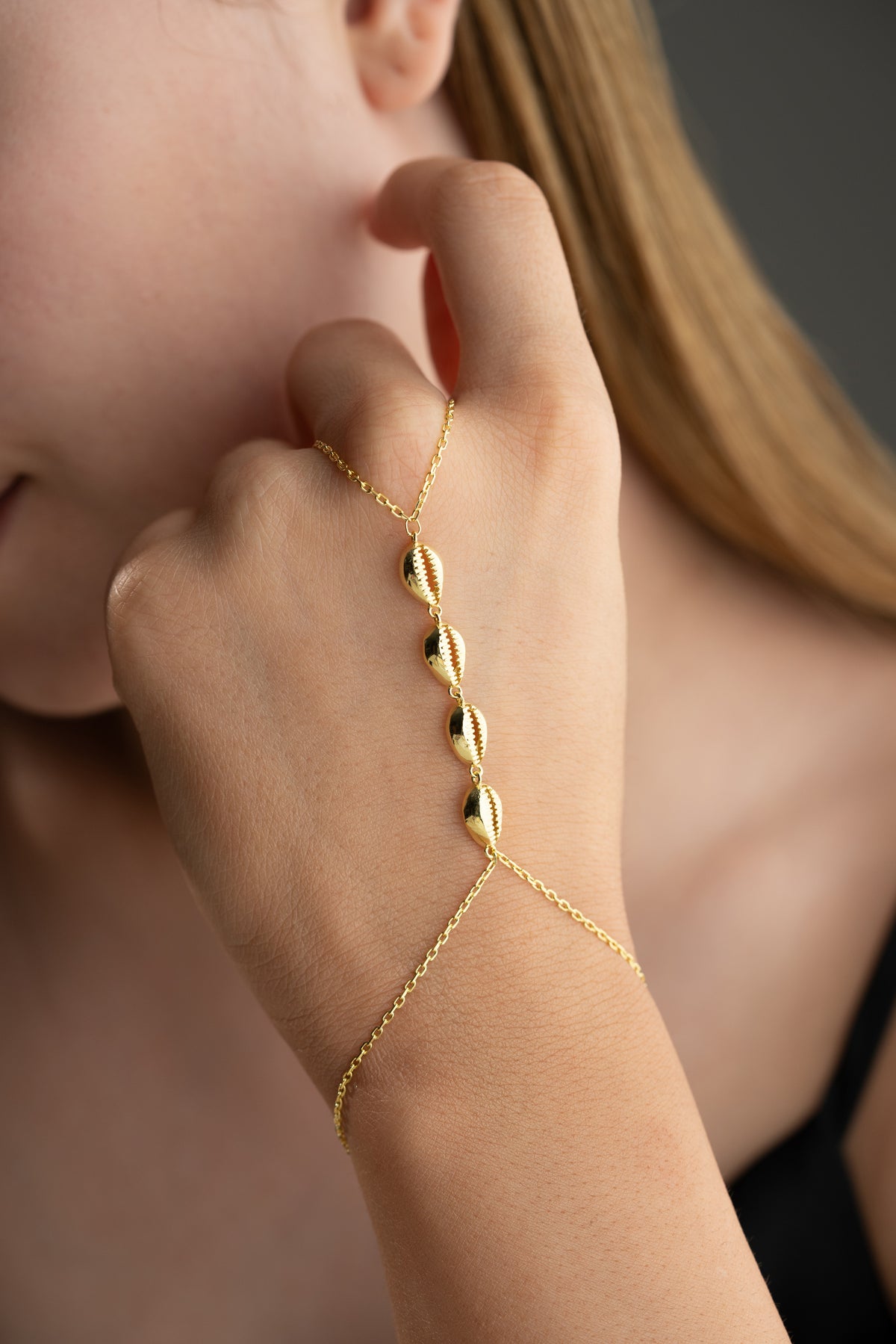 Cowrie Shell Hand Chain Bracelet in Gold