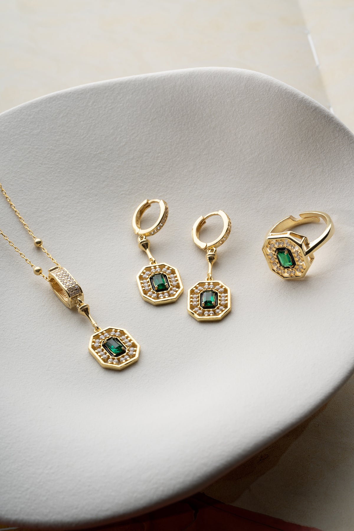 Emerald Halo Octagon Jewelry Set