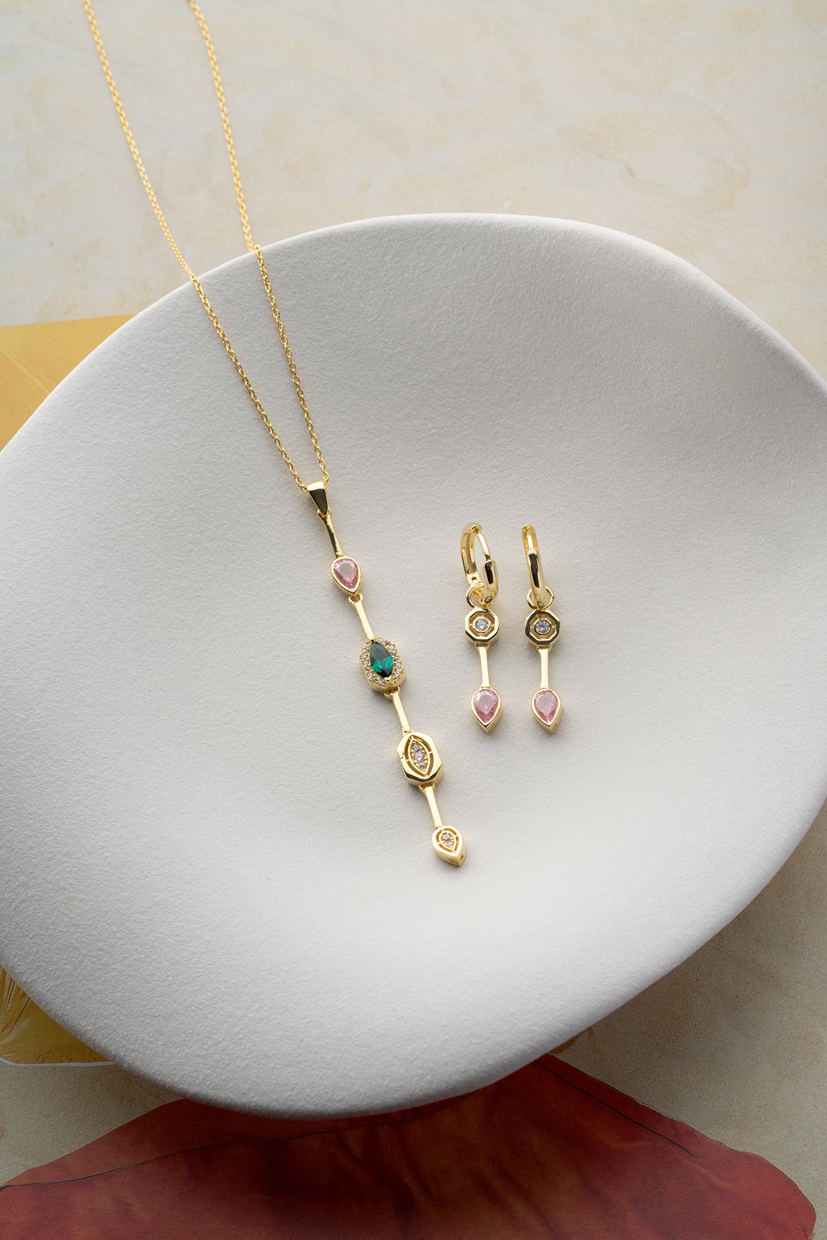 Emerald and Pink Crystal Drop Jewelry Set