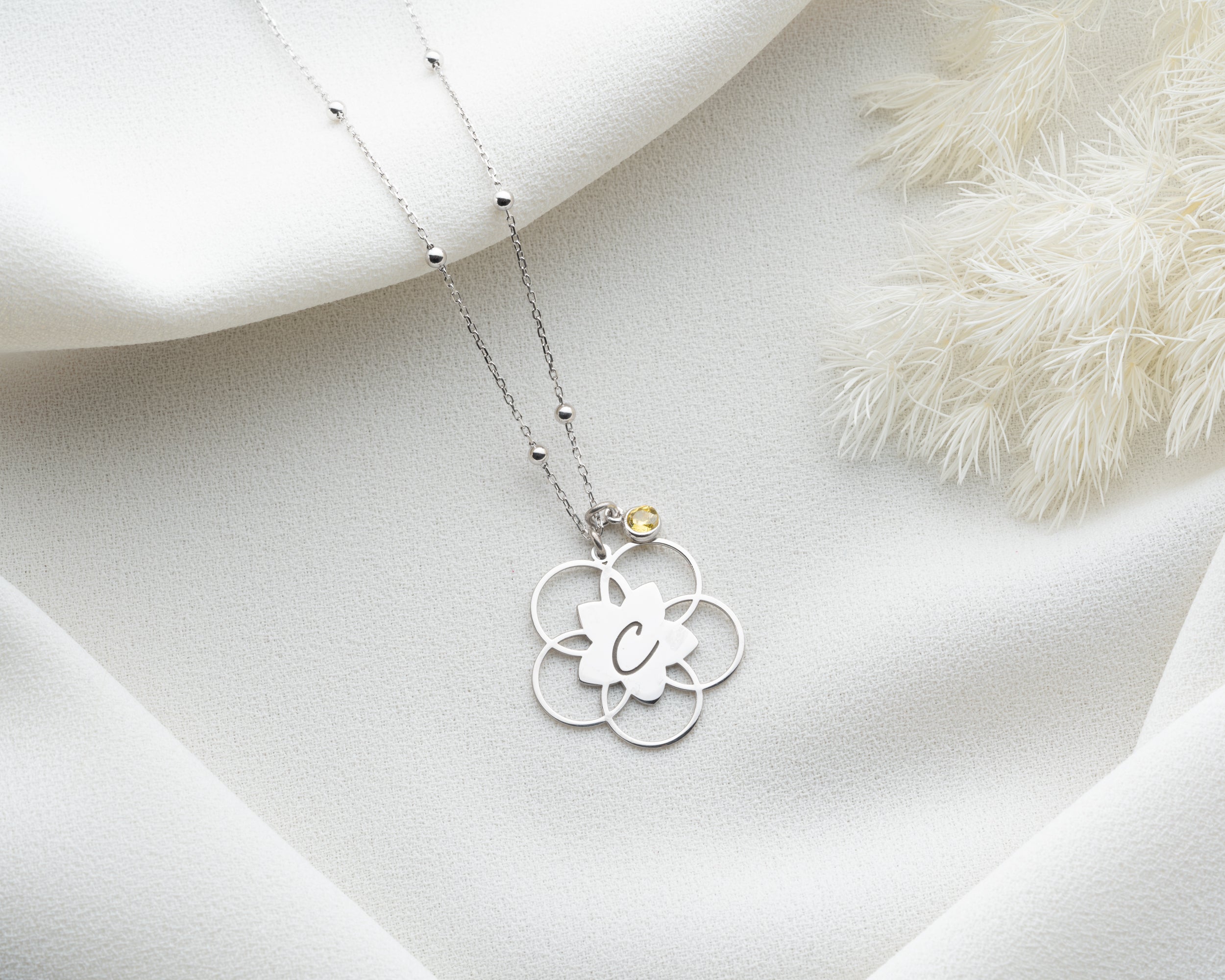 Lotus Flower Initial Birthstone Necklace